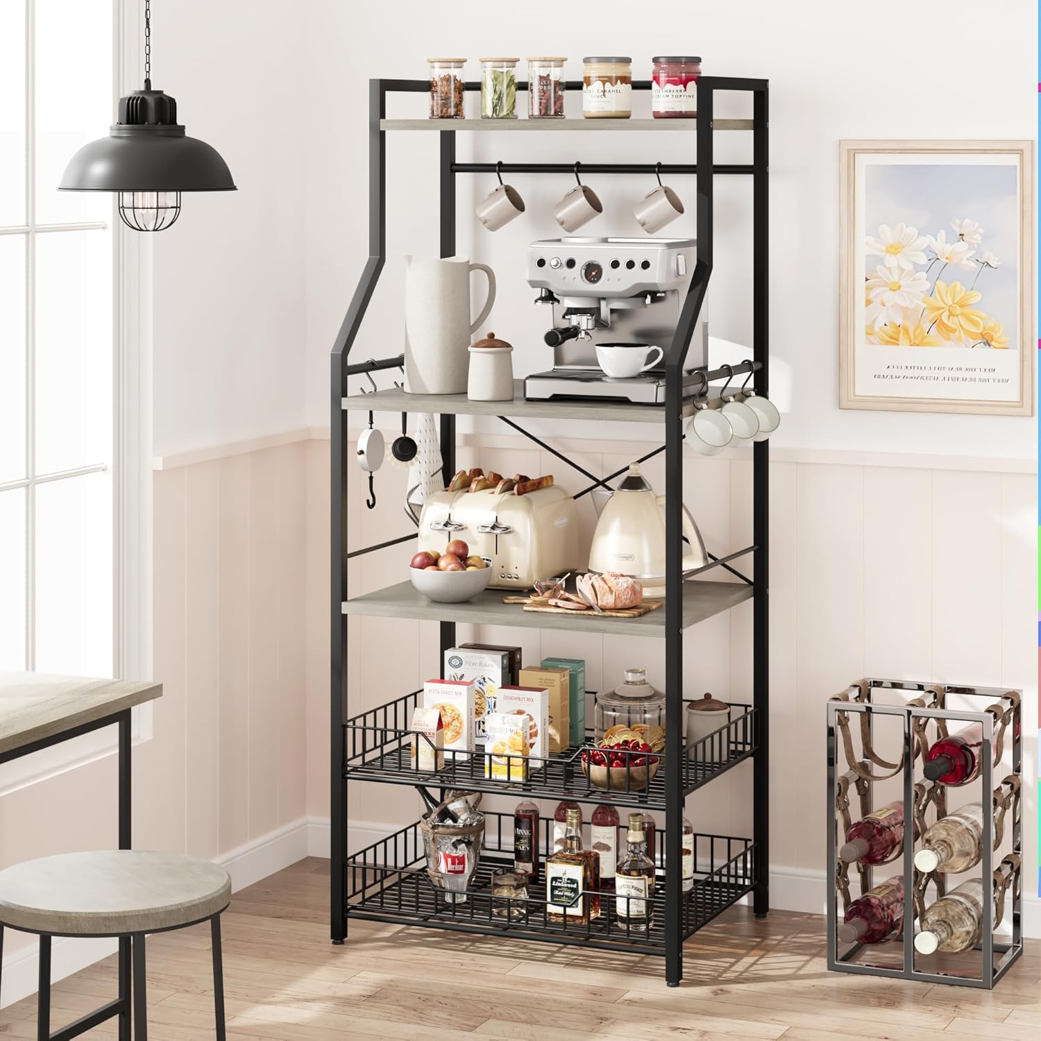 5-Tier Kitchen Bakers Rack, Compact Microwave Oven Stand with 2 Large Storage Baskets & 8 Hooks, Freestanding Coffee Bar Station, Sturdy Metal Frame Organizer for Kitchen Appliances, Black & Gray