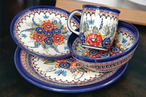 Blue Rose Polish Pottery Floral Butterfly Dinner Plate