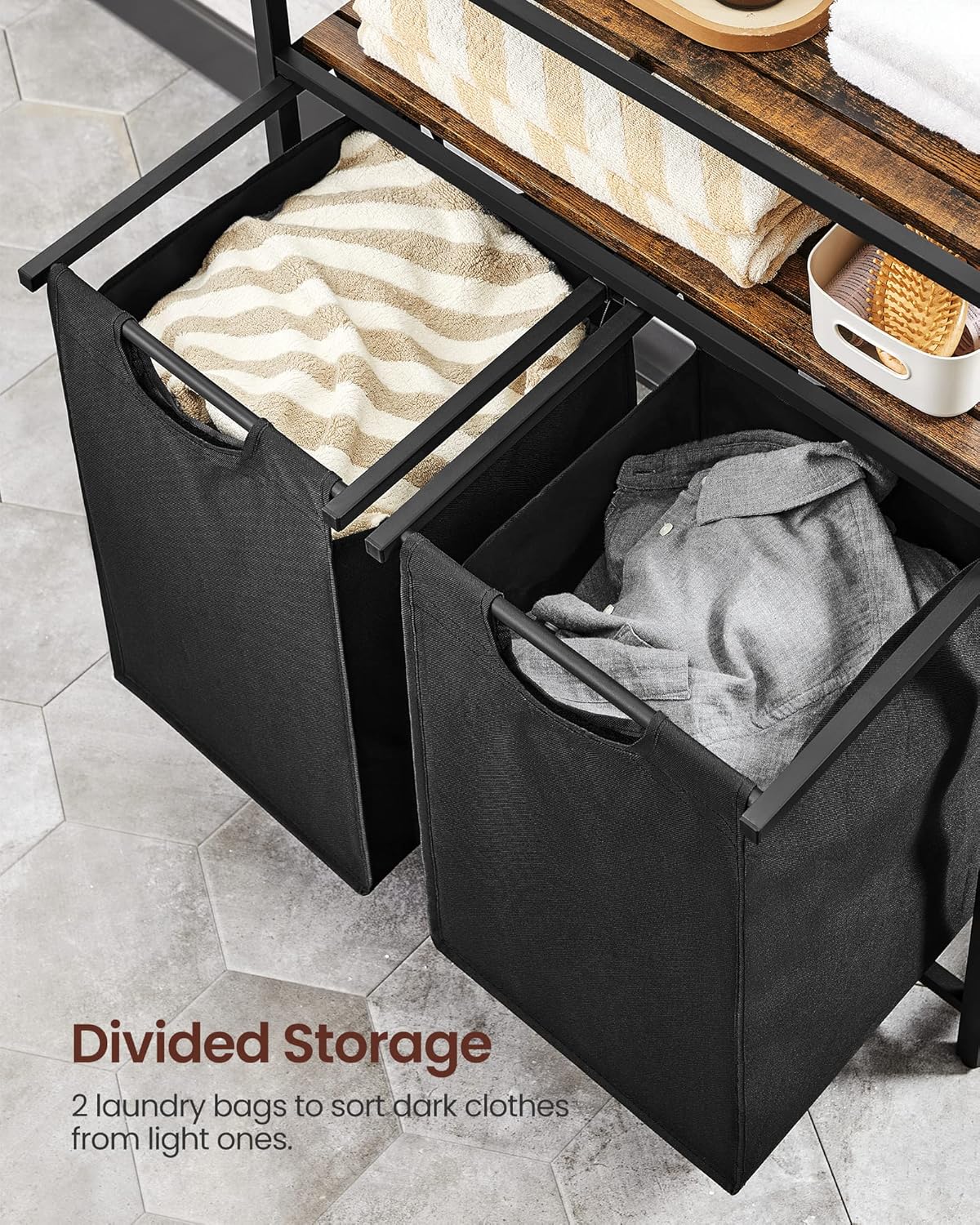 VASAGLE Laundry Hamper, Laundry Basket, Laundry Sorter with 2 Pull-Out and Removable Bags, 2 Shelves, 12.1 Gal (46L) Capacity per Bag, for Laundry Room, Rustic Brown and Black UBLH211B01