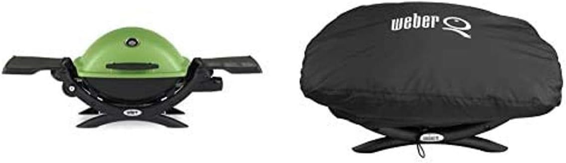 Weber Q 1200 Gas Grill, Green with Cover