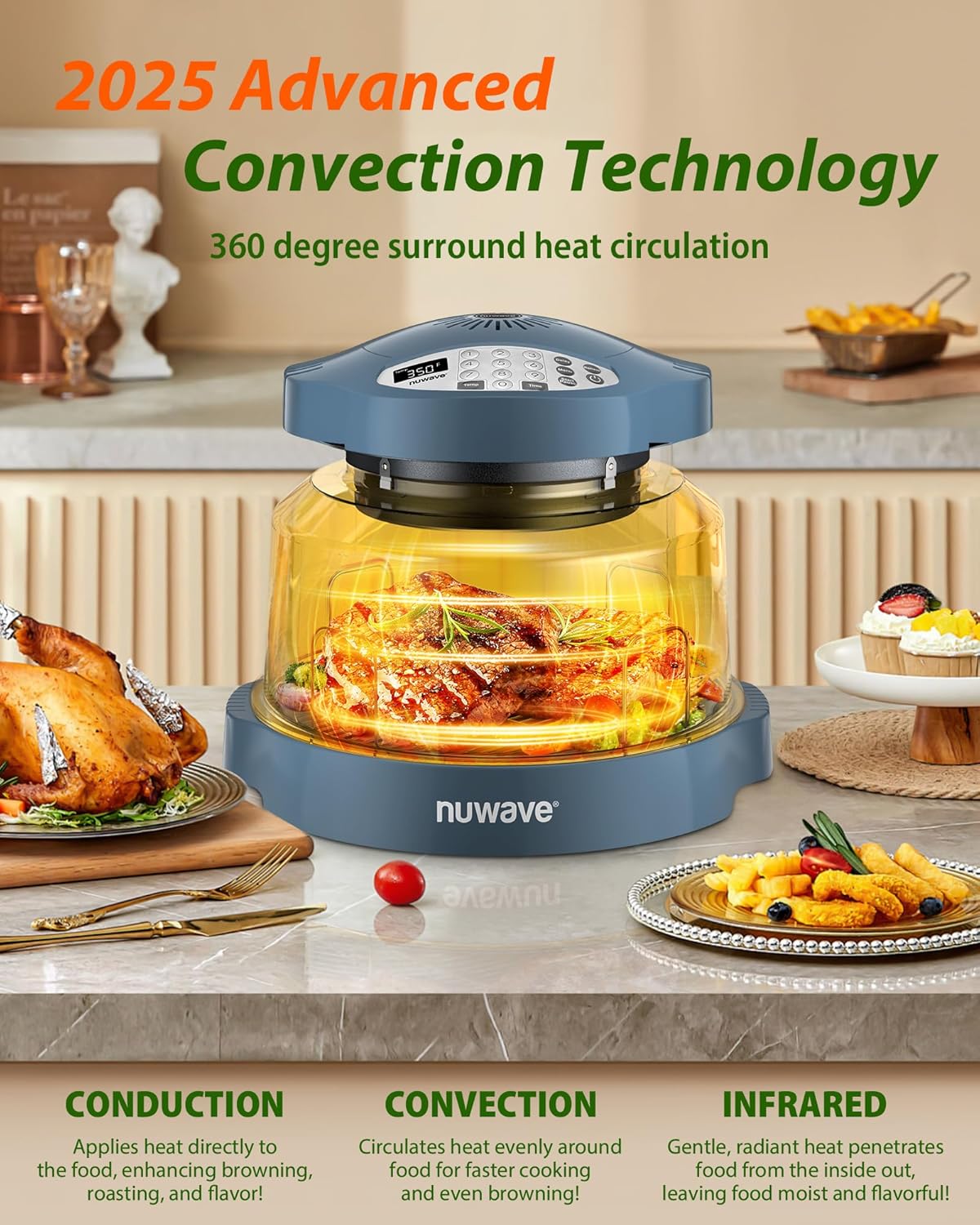 Nuwave Oven Pro Plus Air Fryer, Infra-Red Countertop, 2025 Advanced Convection, No Defrosting or Preheating, Cook Fresh or Frozen, Durable Power Dome, 100 Presets & 50 Memory, PFAS Free, Cozy Blue