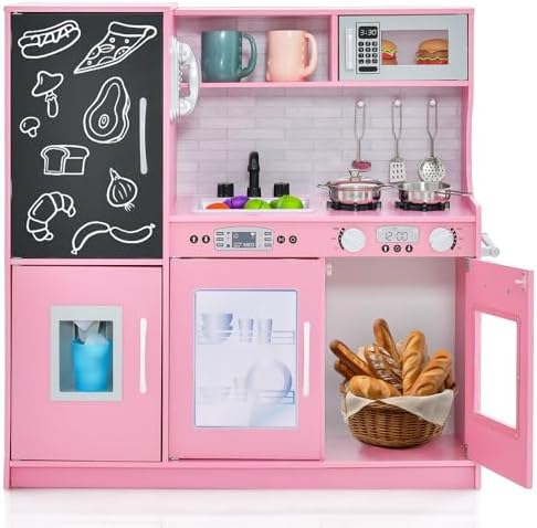 Costzon Kids Kitchen Playset, Wooden Pretend Cooking Toy Set w/Realistic Sound, Large Blackboard, Telephone, Microwave, Ice Maker, Dishwasher, Oven, Storage Space, Play Kitchen for Kids Ages 3+ (Pink)