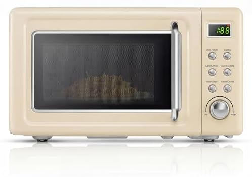 ARLIME Retro Microwave 0.7Cu.ft, 700 Watt Countertop Microwave with 5 Micro Power Defrost & Auto Cooking Function, LED Display, Child Lock, Small Microwave for Kitchen, RV, Dorm, Cream White