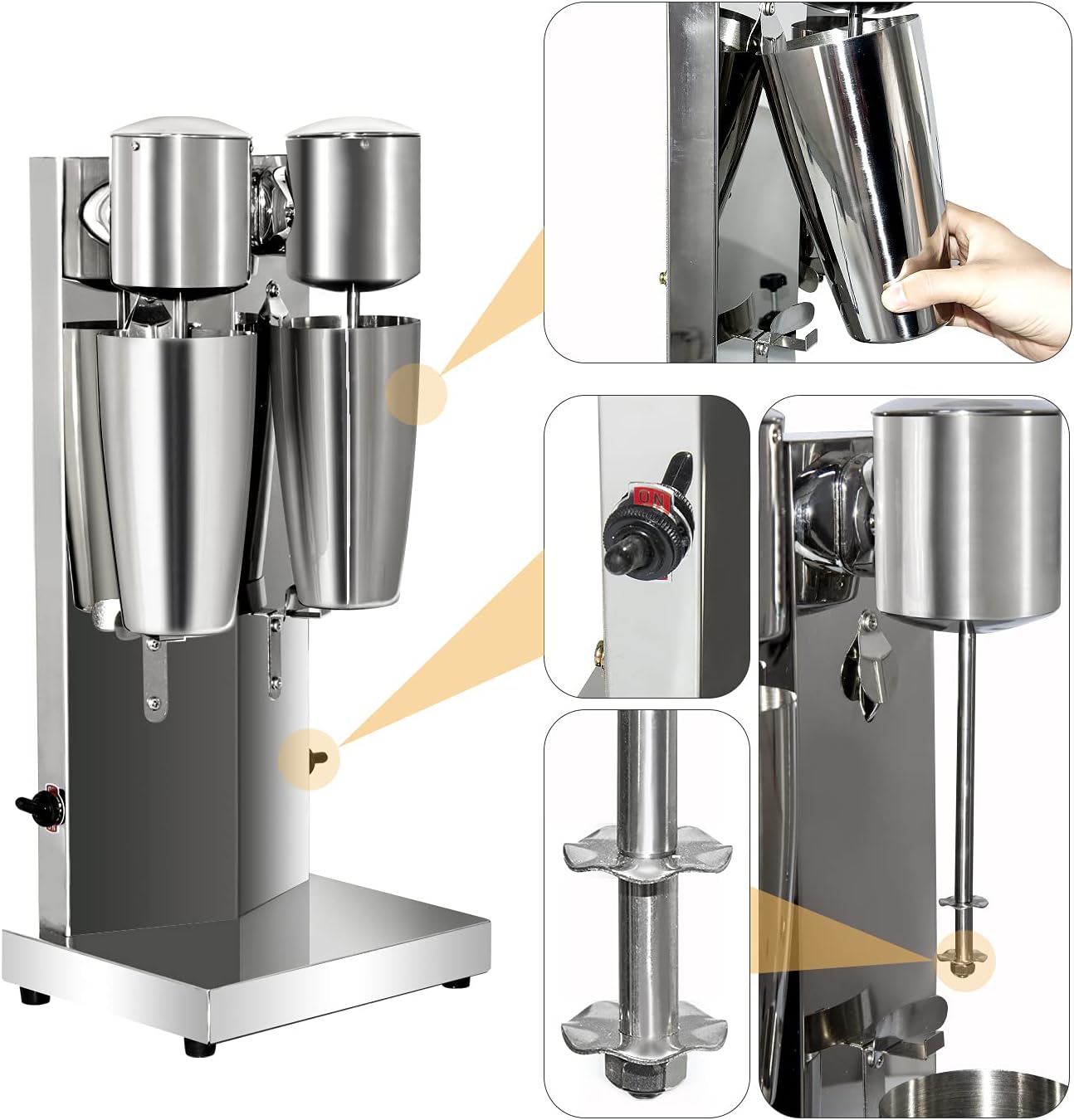 tonchean Commercial Double Head Milkshake Maker, Stainless Steel Milk Shake with 2 Speeds Blender Electric Milkshake Maker Machine with 28 oz Stainless Steel Cup, 110V 180W Silver