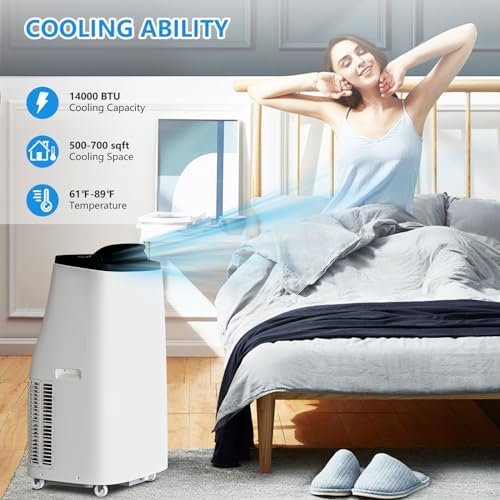14,000 BTU Portable Air Conditioner with Dual Motor Fast Cooling, AC/Dehumidifier/Fan, Cools Up to 700 Sq Ft, 50 DB Quiet Sleep Mode, Remote & 24-Hour Timer,360° Mobility