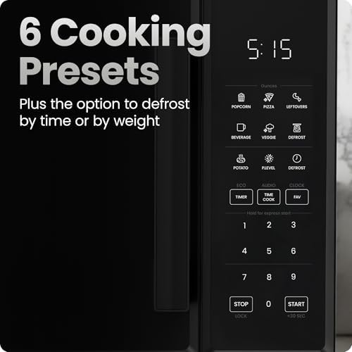 Chefman Countertop Microwave Oven 0.9 Cu. Ft., 900 Watts with 10 Power Levels, 6 Cooking Presets with One-Touch Express Cook, Eco Mode, Child Safety Lock, & Mute Button - Black