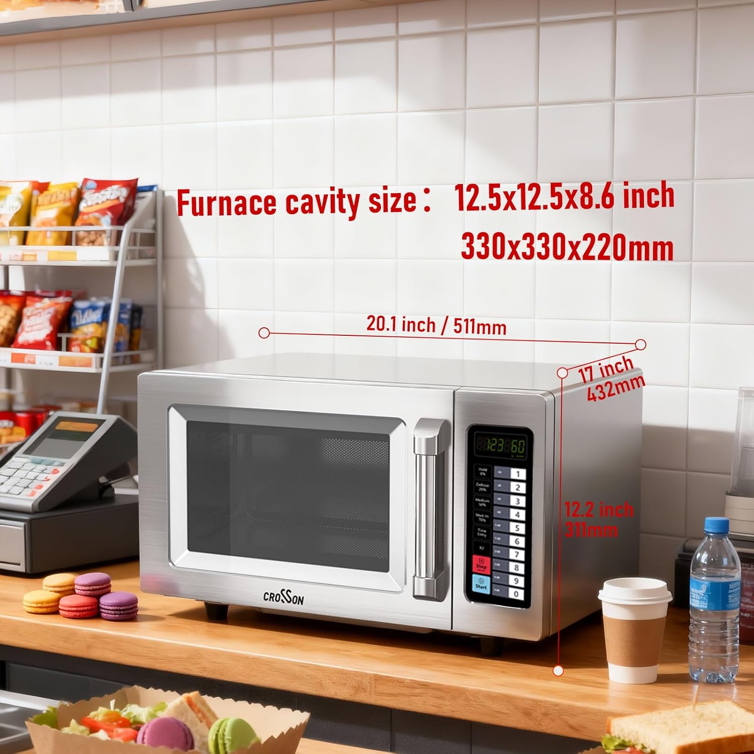 CROSSON Commercial Countertop 25L Microwave Oven W/ 10 Programmable Memory Menu,5 Power Level,3 Stage Cooking and Touch Screen Control-1000W,0.9 Cu.Ft