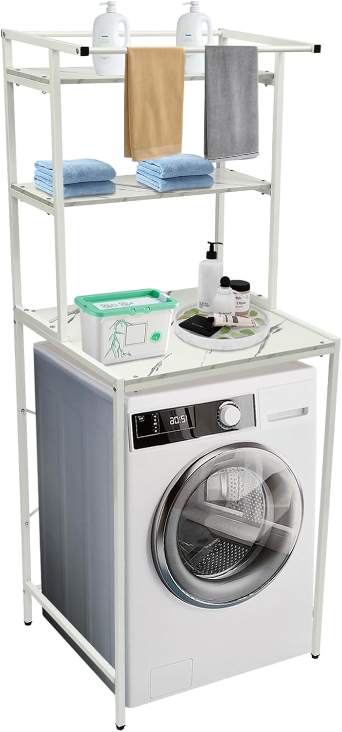 Washer and Dryer Storage Rack, 3 Tiers Laundry Room Storage and Organizer Standing Shelf, for Bathroom Bedroom Balcony Drying Rack Towel Rack Handbag Rack (White+Marble)