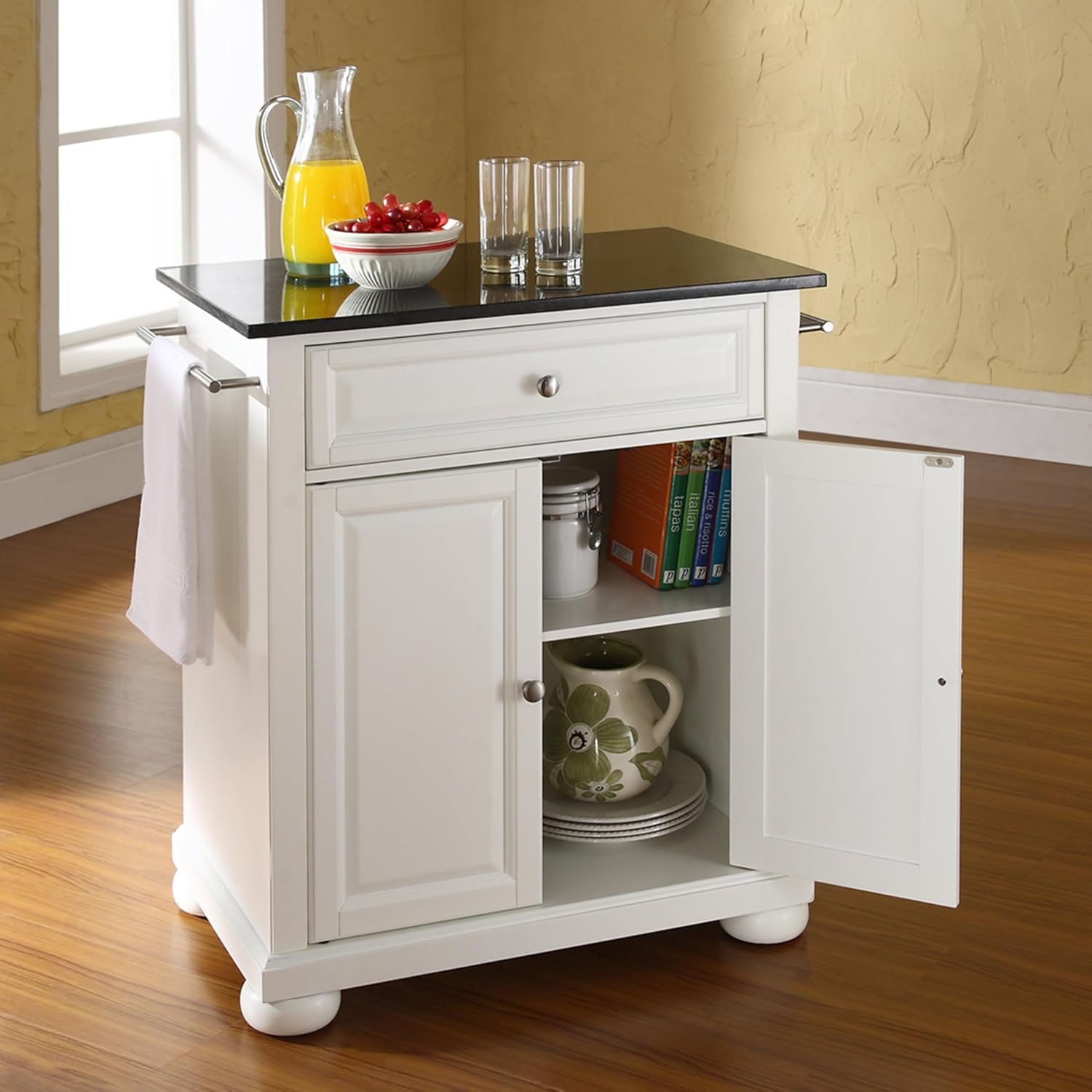 Crosley Furniture Alexandria Granite Top Small Portable Rolling Kitchen Island Storage Cart, Microwave Stand, White