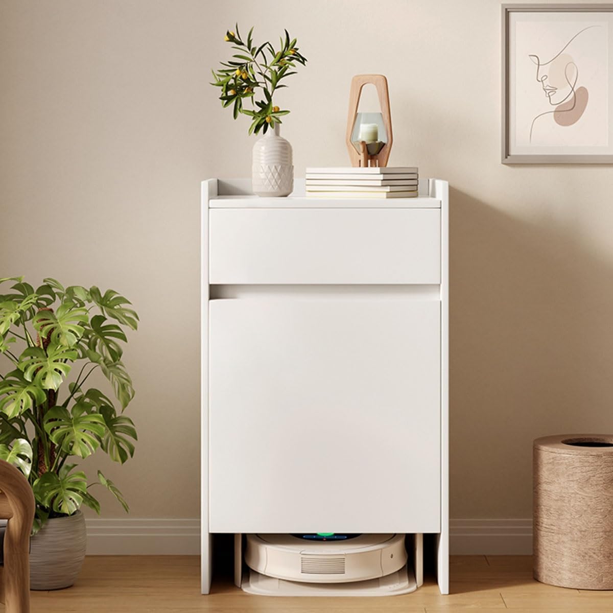 Vacuum Hidden Cabinet for Sweeping Robots, Sweeping Robot Storage Rack, Storage Cabinet with Doors and Drawers for Robot Vacuum Cleaner, for Living Room/Bedroom/Kitchen(Natural)