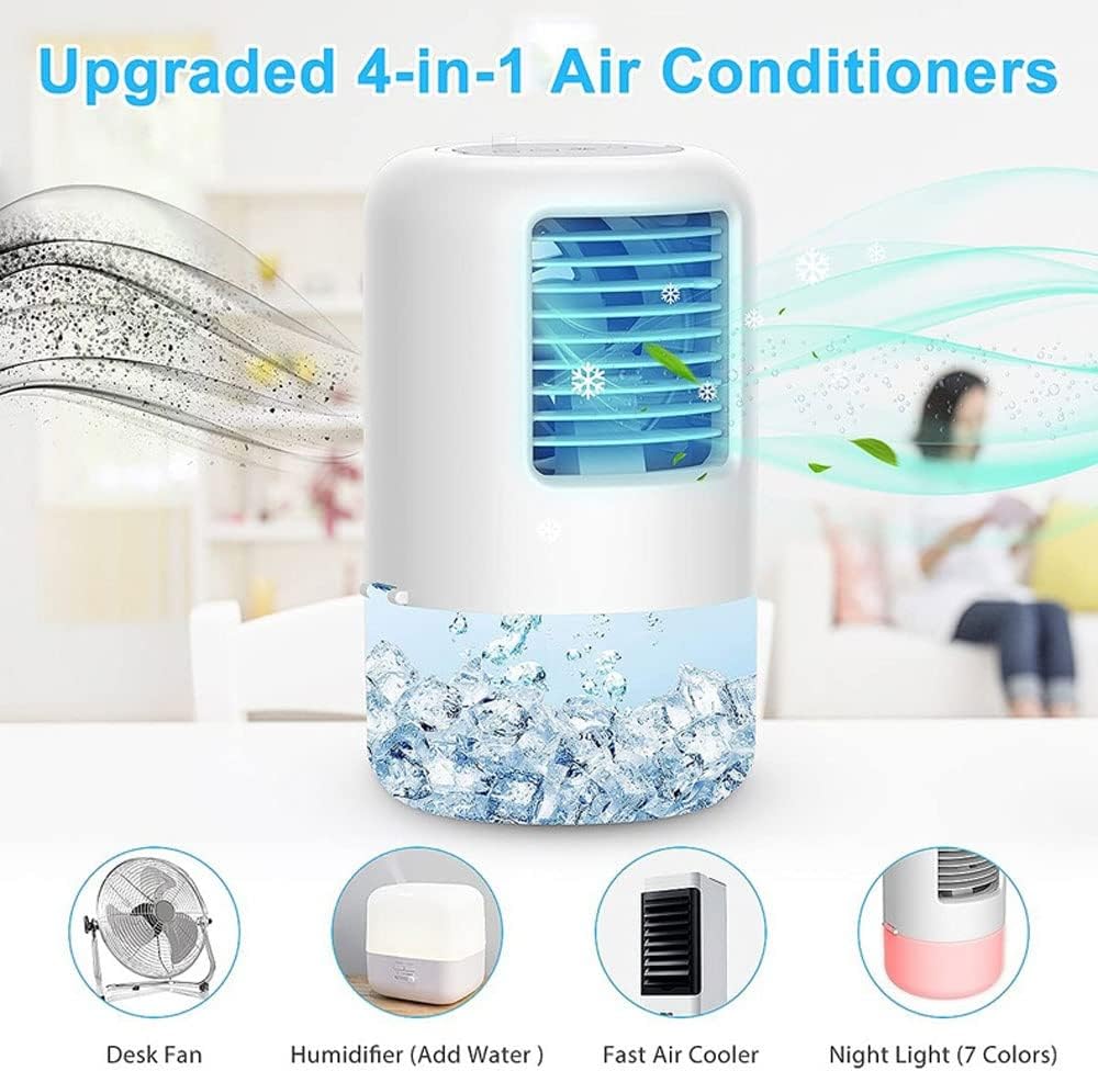 Portable Air Conditioner Cooling Fan, Evaporative Air Cooler for Room, 3 Wind Speed & 7 LED Light, 4 in 1 Personal Air Conditioners for Room/Office
