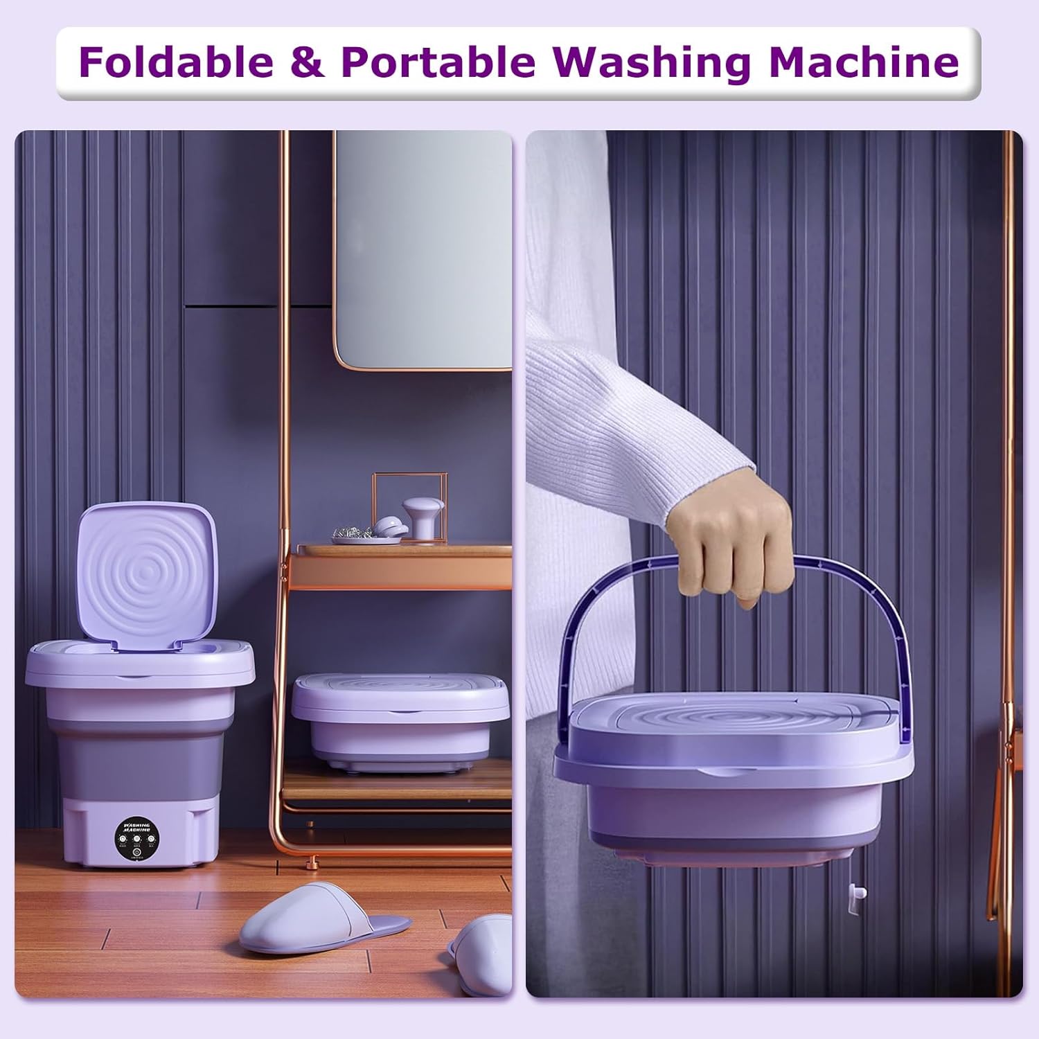 Portable Washing Machine, Foldable Mini Washing Machine with 3 Modes Deep Cleaning of Underwear, Small Clothes and Socks, Small Collapsible Laundry Washer for Apartments, Camping, Travel (Purple)
