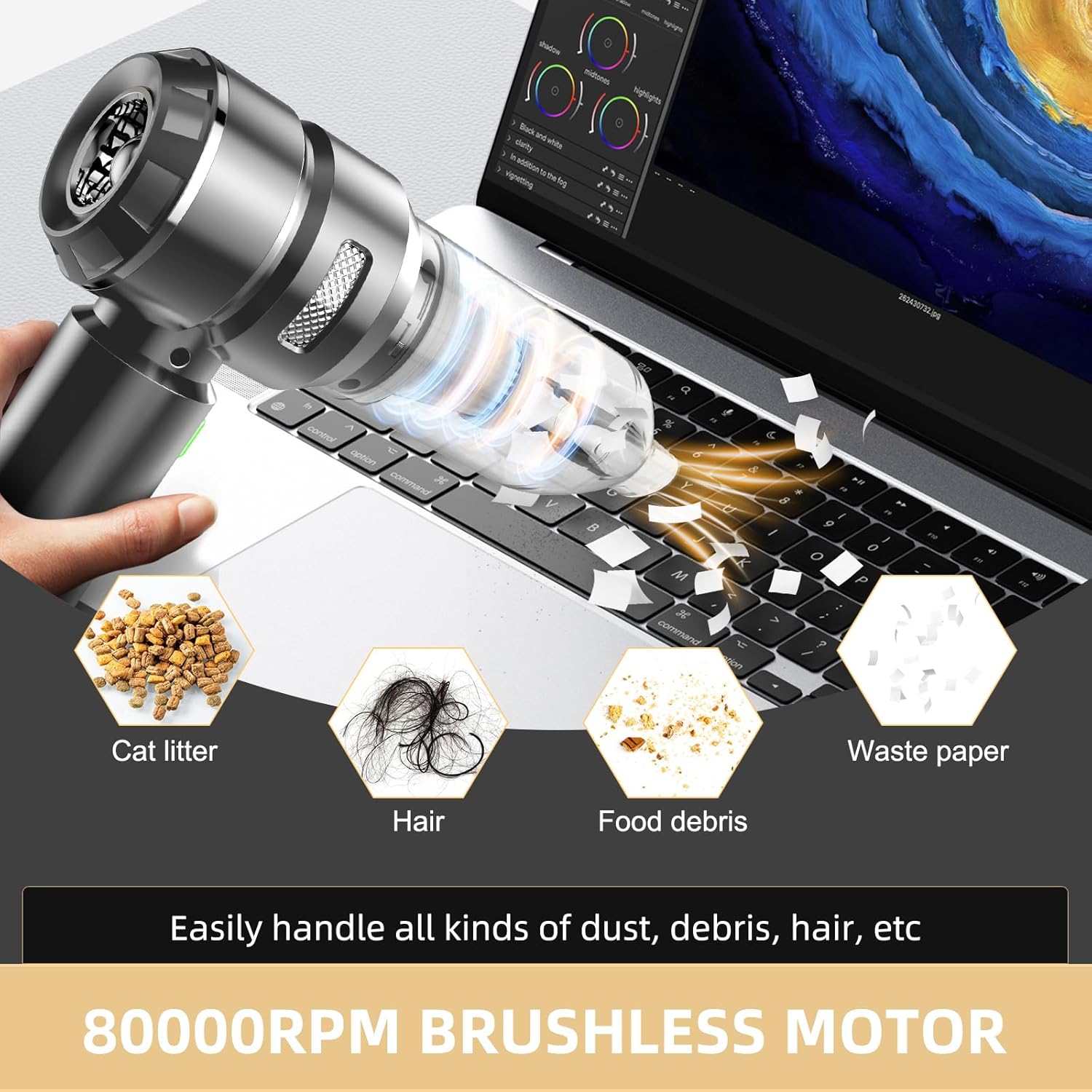 Handheld Vacuum Cordless, 28000Pa Brushless Motor Car Vacuum Portable Cordless, 3 Speed Mini Vacuum Cleaner for Cars, Offices, Homes, and Pet Hair, Dark Gray