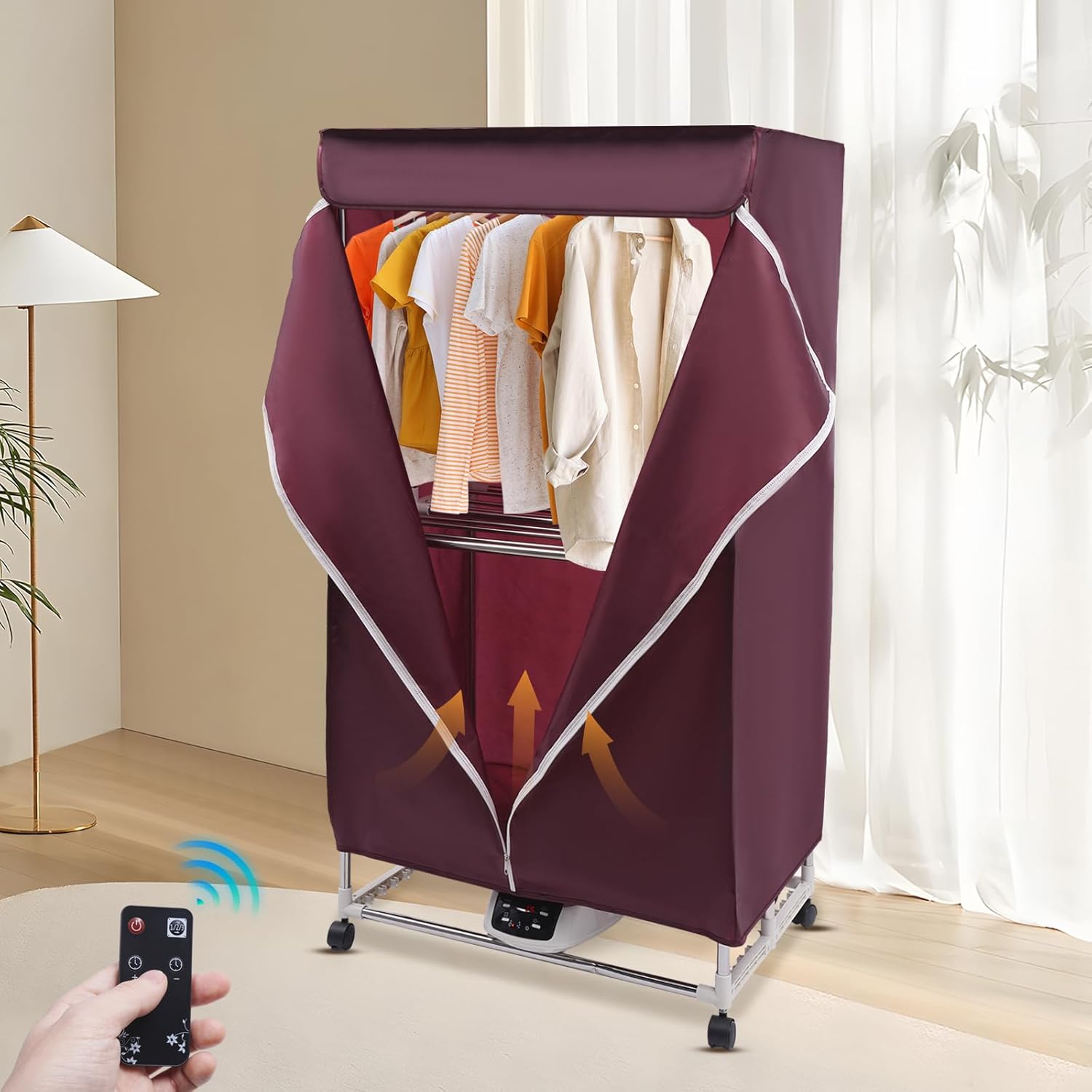 Portable Clothes Dryer with Timer, 1200W Drying Machine for Laundry 2-Tier Foldable Clothes Dryer Rack Stainless Steel Mini Dryer for Apartments Home Dorms Travel RV (Wine Red w/remote)