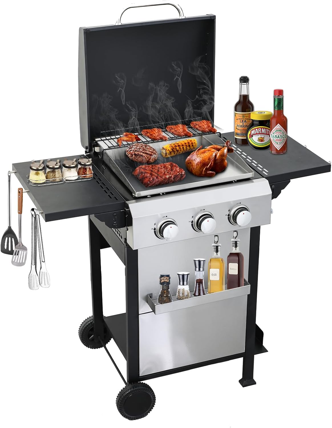 CIG GARDEN 3 Burner Propane Gas Grill, 31,500 BTU Output Flat Top BBQ Grill with Stainless Steel Griddle, Perfect for Outdoor Cooking, Balcony, Backyard, Camping, Barbecue