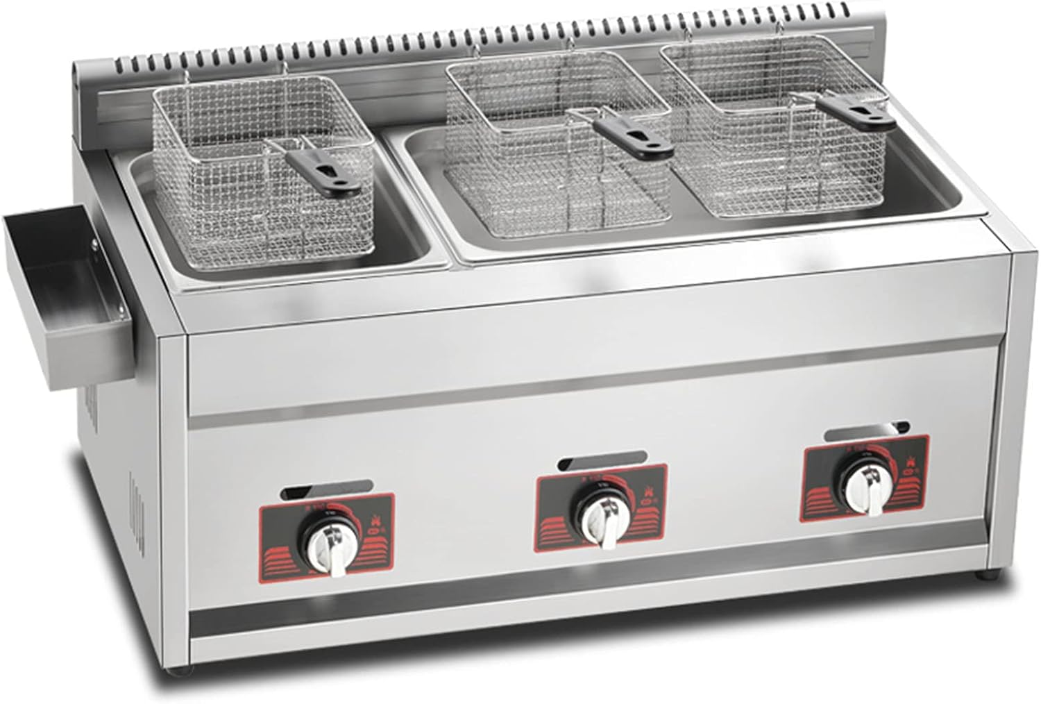 Commercial Gas/LGP Fryer, 33L Large Capacity, Freestanding Temperature Control, Thick Stainless Steel Counter Top Deep Fryer, with 2 Basket and Lid（Gas-Gas）