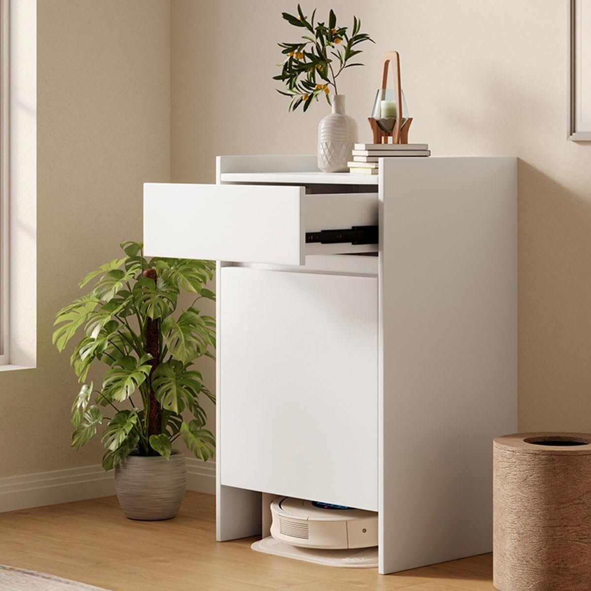 Vacuum Hidden Cabinet for Sweeping Robots, Sweeping Robot Storage Rack, Storage Cabinet with Doors and Drawers for Robot Vacuum Cleaner, for Living Room/Bedroom/Kitchen(Natural)