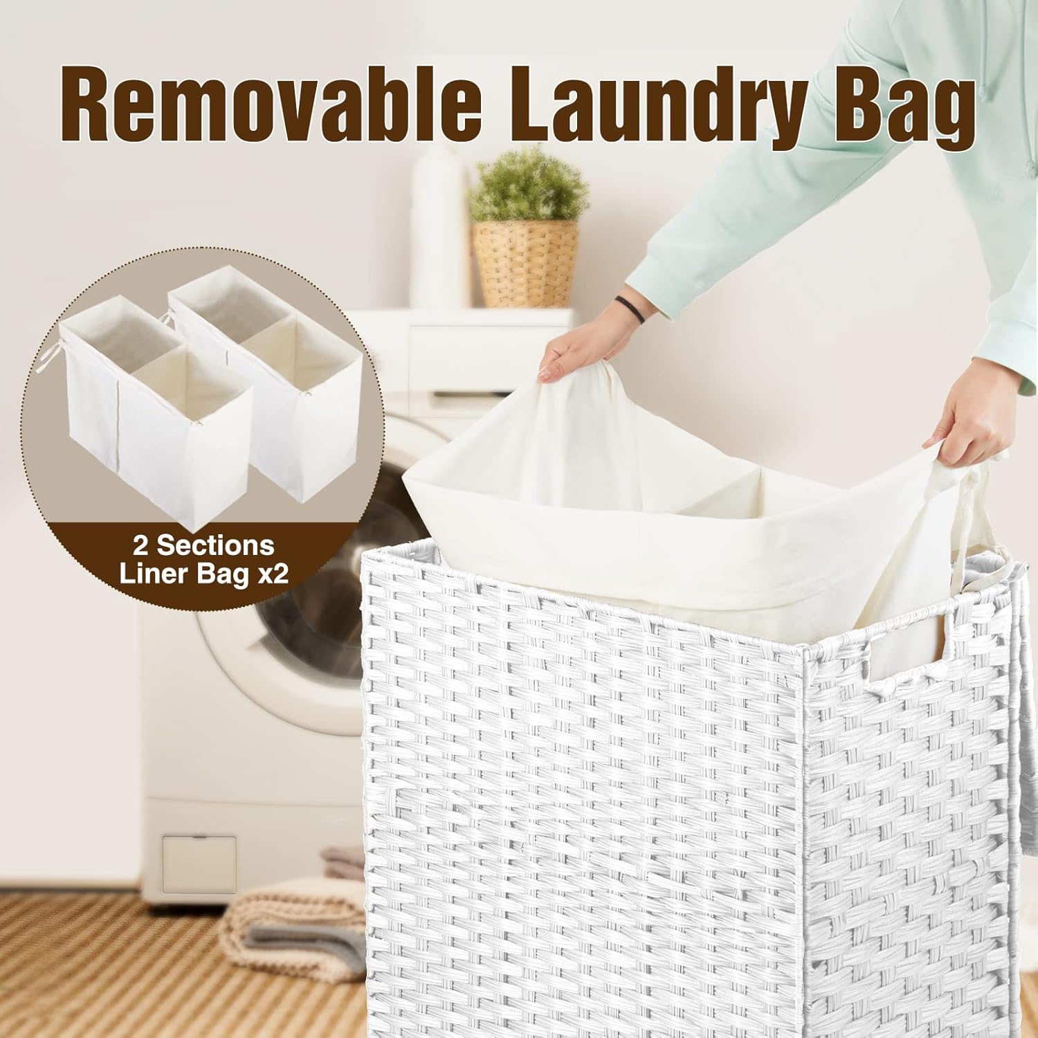 Greenstell Laundry Hamper with 2 Removable Liner Bags，90L Divided Clothes Hamper, Handwoven Synthetic Rattan Foldable Laundry Basket with Lid and Handles White (18.5 x 13.3 x 24.0Inches)