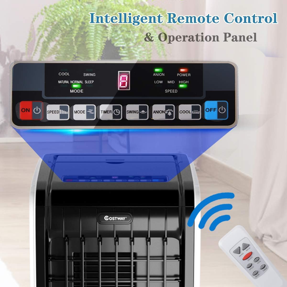 COSTWAY Evaporative Cooler, Include Remote Control, 2 Ice Packs, Portable Bladeless Fan with 3 Modes, 3 Speeds, 8H Timer, LED Display, Air Cooler for Indoor Use, Bedroom (Black)