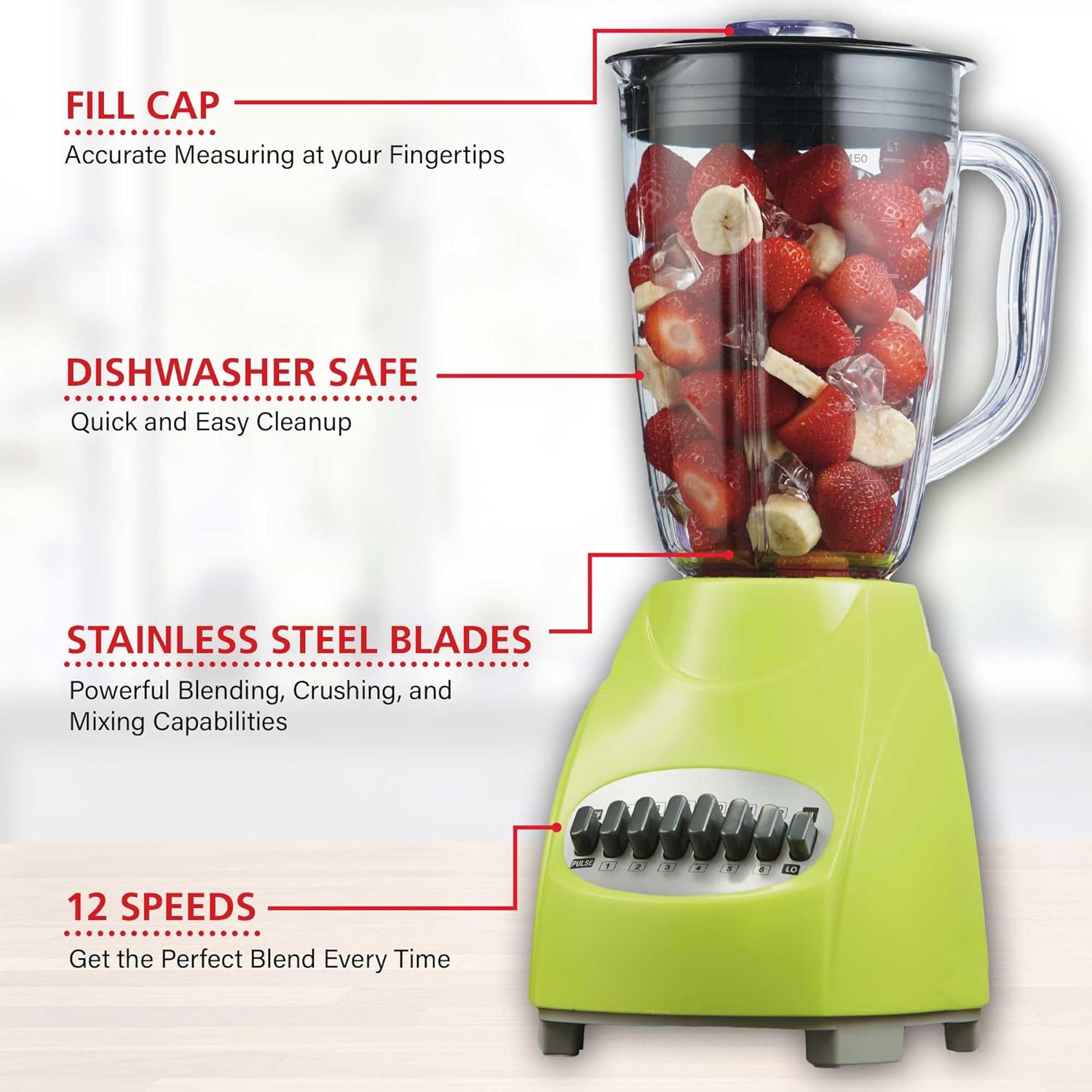 12-Speed Countertop Blender with Pulse Function – 50oz BPA-Free Jar, Stainless Steel Blades, Ice Crusher & Smoothie Maker, 350W Kitchen Blender (Green)
