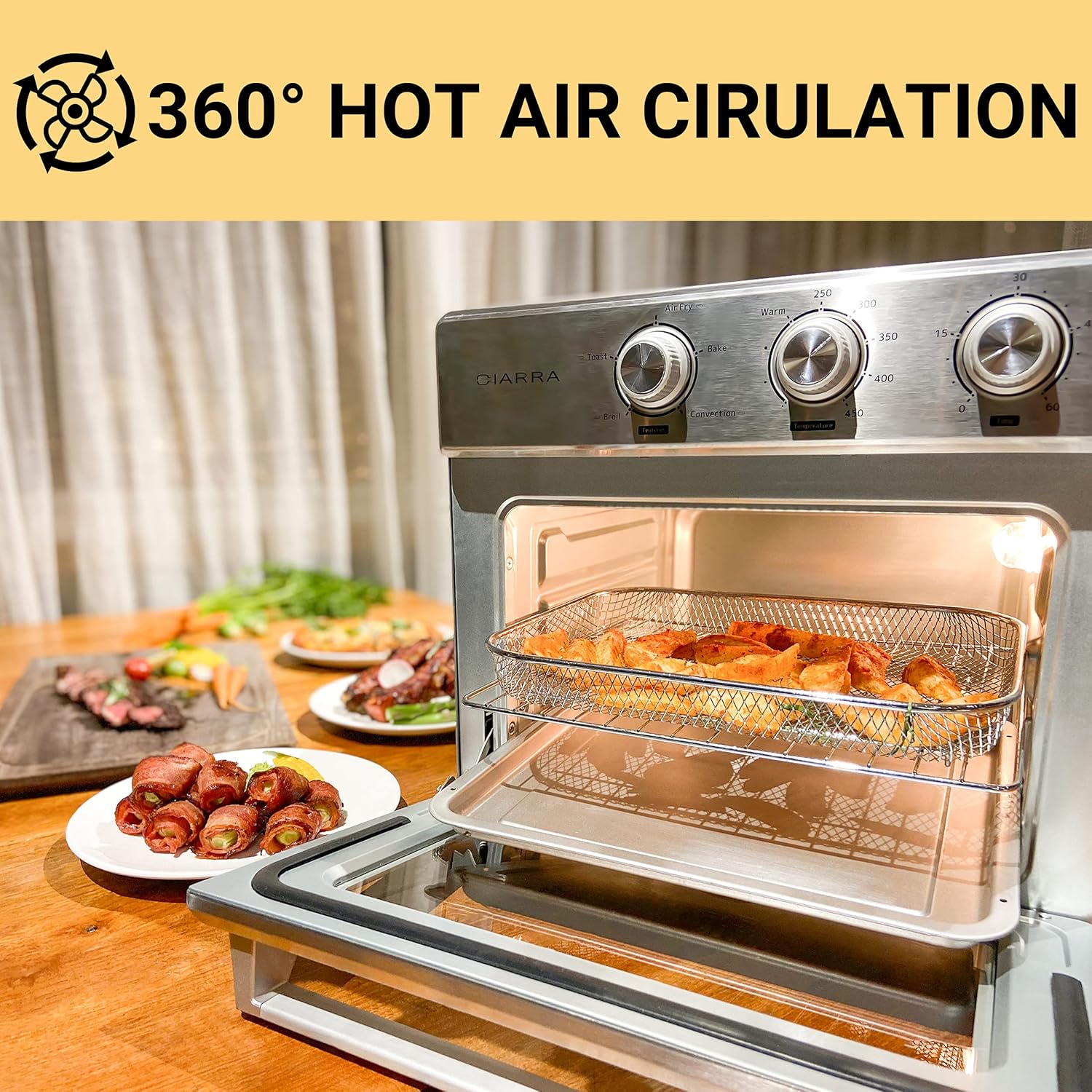 CIARRA CATOSMC01 Oil-Less Countertop Convection Oven, Air Fryer Toaster Oven with 6-in-1 Function, Nonstick Interior, 25QT, 1700W, Stainless Steel