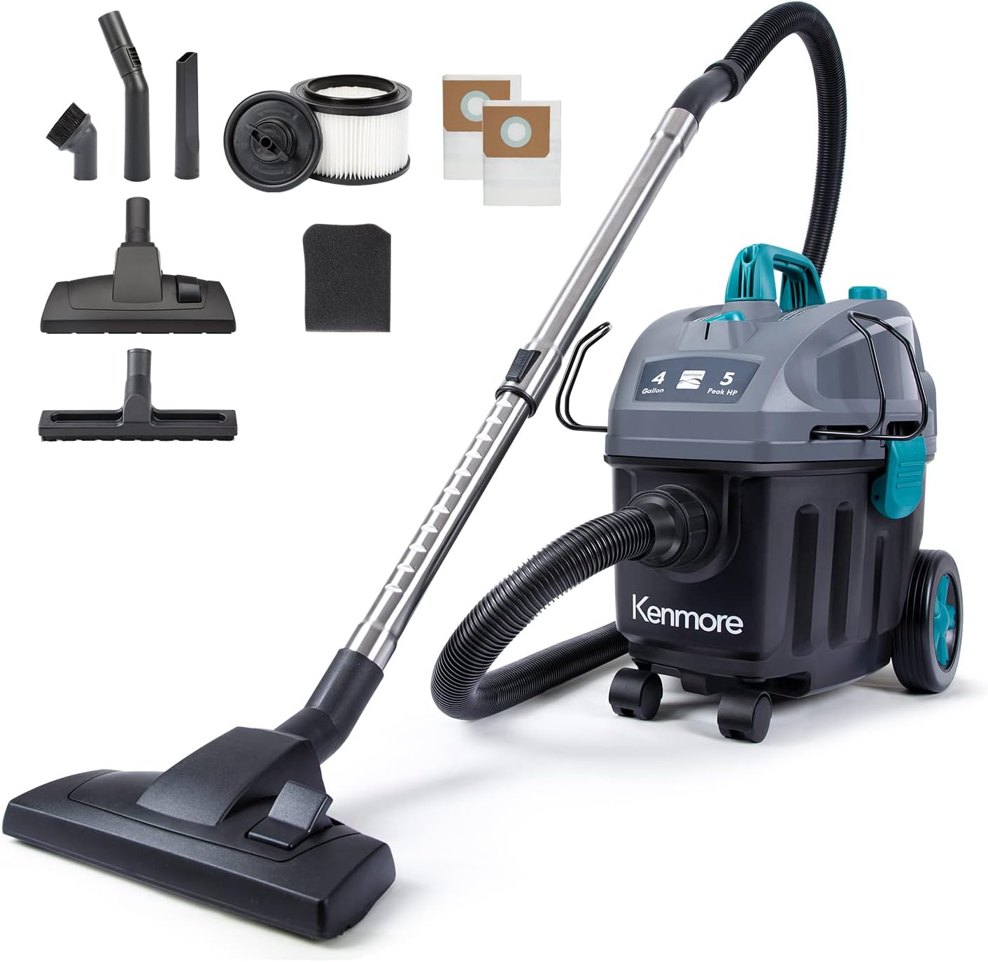 Kenmore KW3050 Wet Dry Canister Vac 4 Gallon 5 Peak HP 2-Stage Motor Vacuum Cleaner with Washable HEPA Filter & Dust Bags for Hard Floor & Carpet, Black