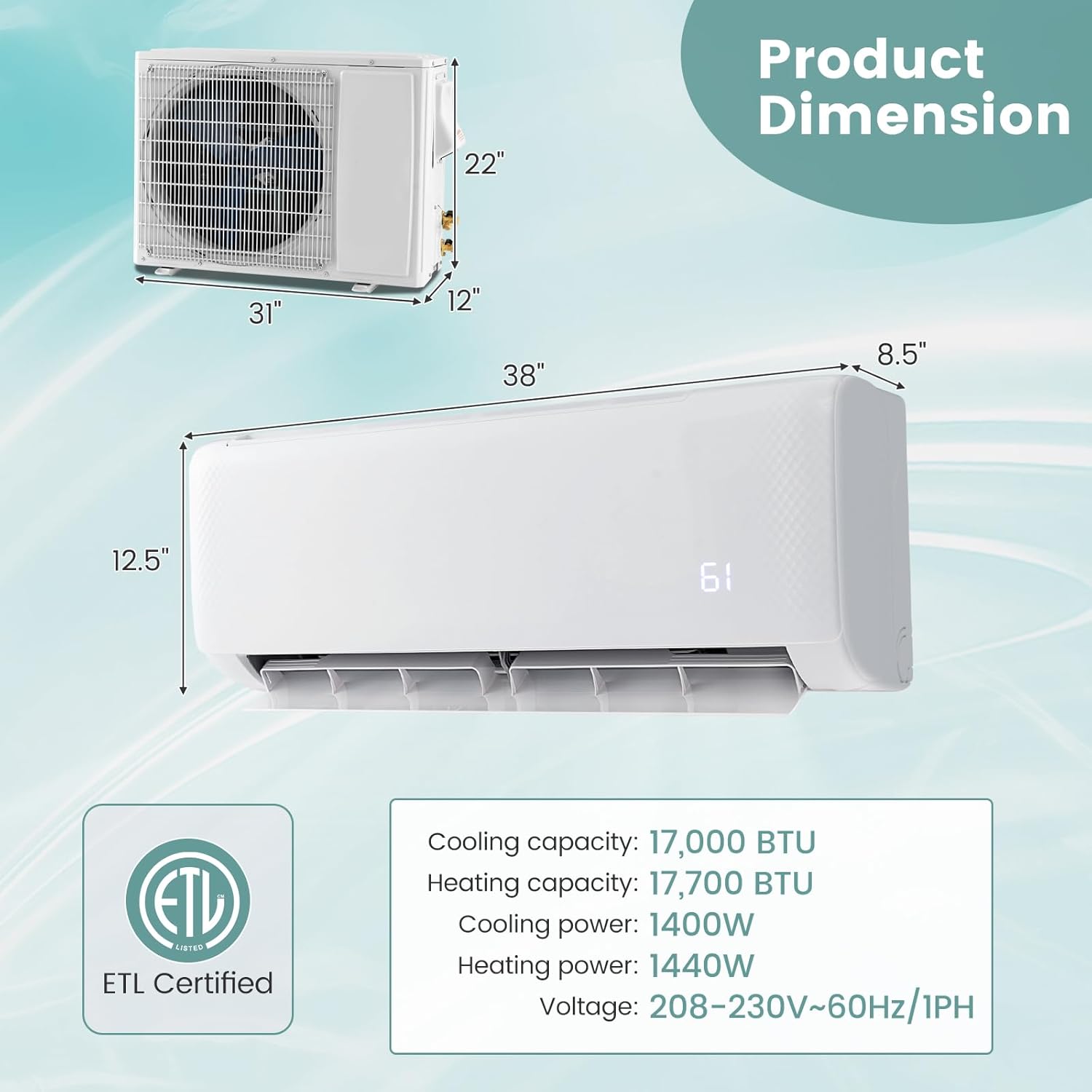 ARLIME Mini Split AC/Heating System, 18000 BTU 21 SEER2 Energy Saving Split Air Conditioner w/ 1.5 Ton Heat Pump & Installation Kit, Washable Filter, Ductless AC Unit Cools Up to 1250 Sq.ft, 230V