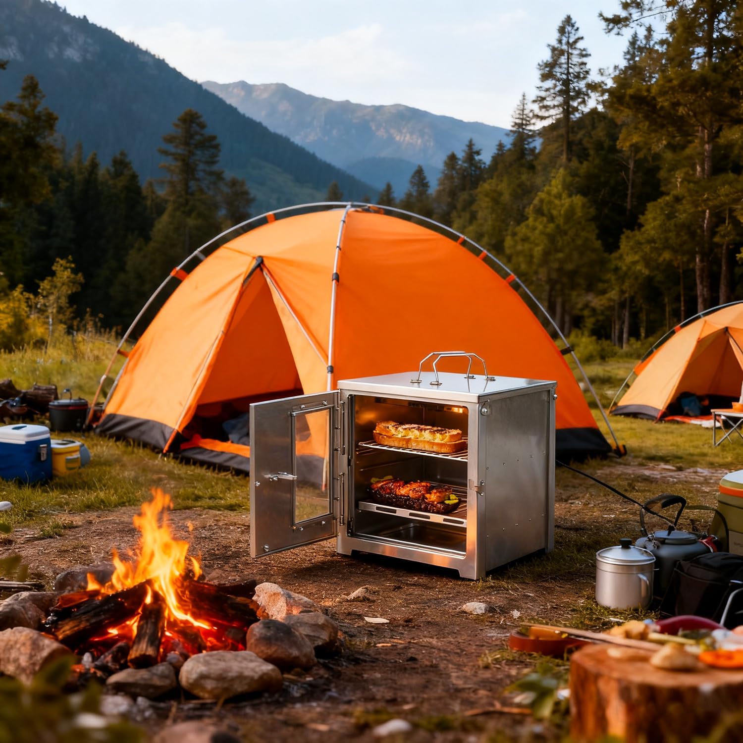 POMOLY Camping Oven 12.6''H Wood Stove Oven with 2 Tier Grill, Portable Titanium Oven with Thermometer for Baking, Heating, BBQ (Size L)