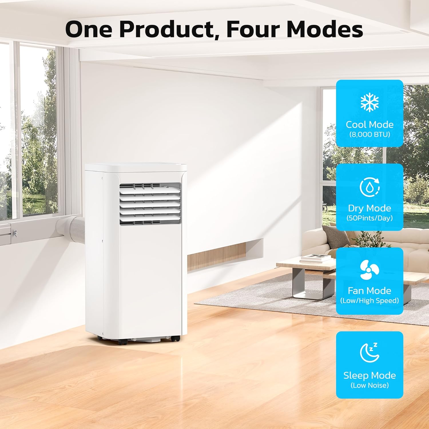 ZAFRO 8,000 BTU Portable Air Conditioners, 4 Modes Portable AC Unit Built-in Cool/Dehumidifier/Fan/Sleep, 24Hrs Timer, for Bedroom/Indoor Rooms, White