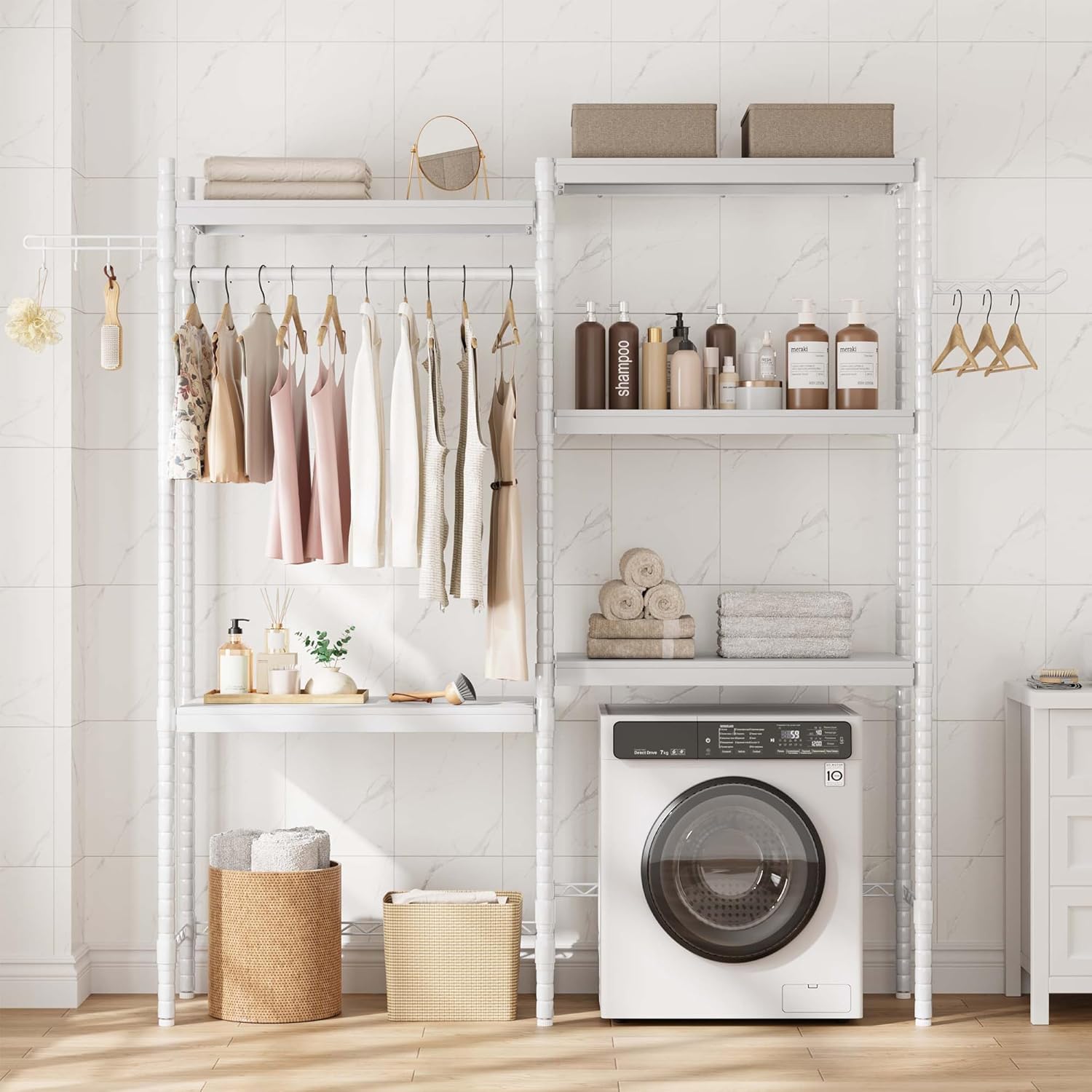 GAOMON Over The Washer and Dryer Storage Shelf, 5-Tier Adjustable Laundry Organizer with Double Layer Wood Shelves for Laundry Room Organization, White, 30 Inch