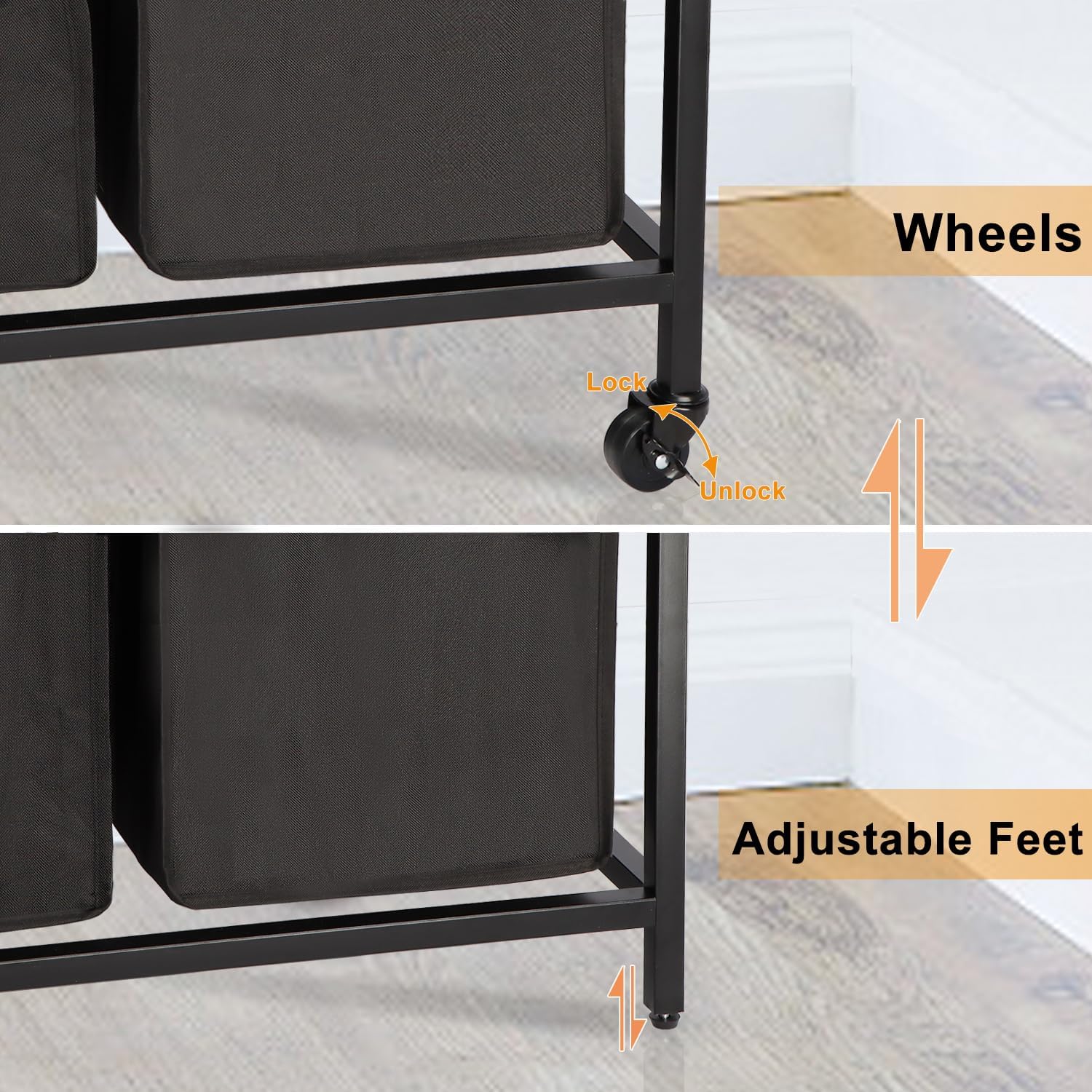 Laundry Hamper, Laundry Sorter 3 Section, Rolling Laundry Basket with Wheels, 3 Drawers, 3 × 14.5 Gal (55 L), Pull-Out and Removable Oxford Fabric Bags, Black and Rustic Brown