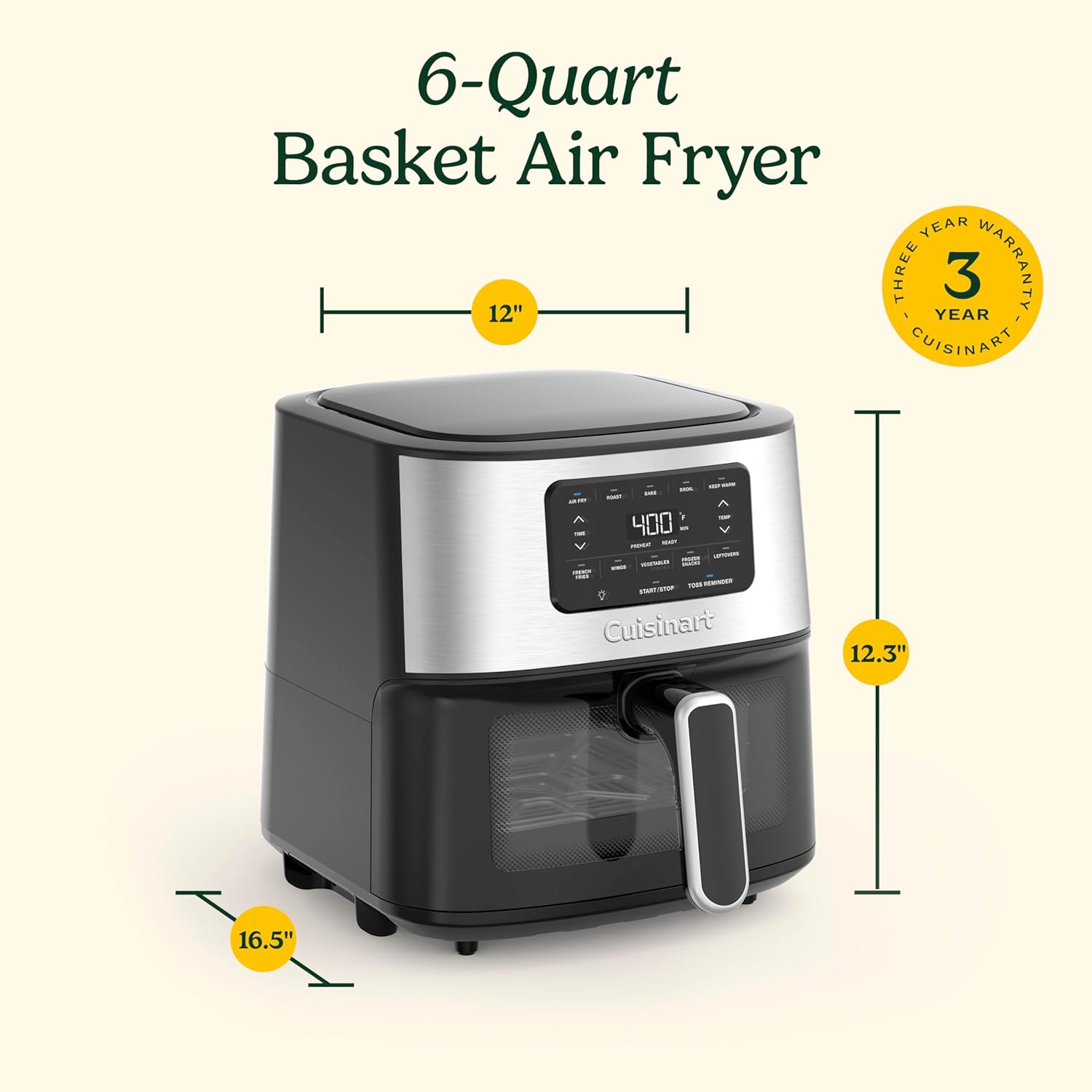 Cuisinart Air Fryer, 6-Quart Basket Large Fryer with 5 Cooking Functions to Roast, Bake, Broil, Air Fry and Keep Warm, 5 Airfryer Presets, Dishwasher-Safe Parts, AIR-200NAS, Stainless Steel & Black