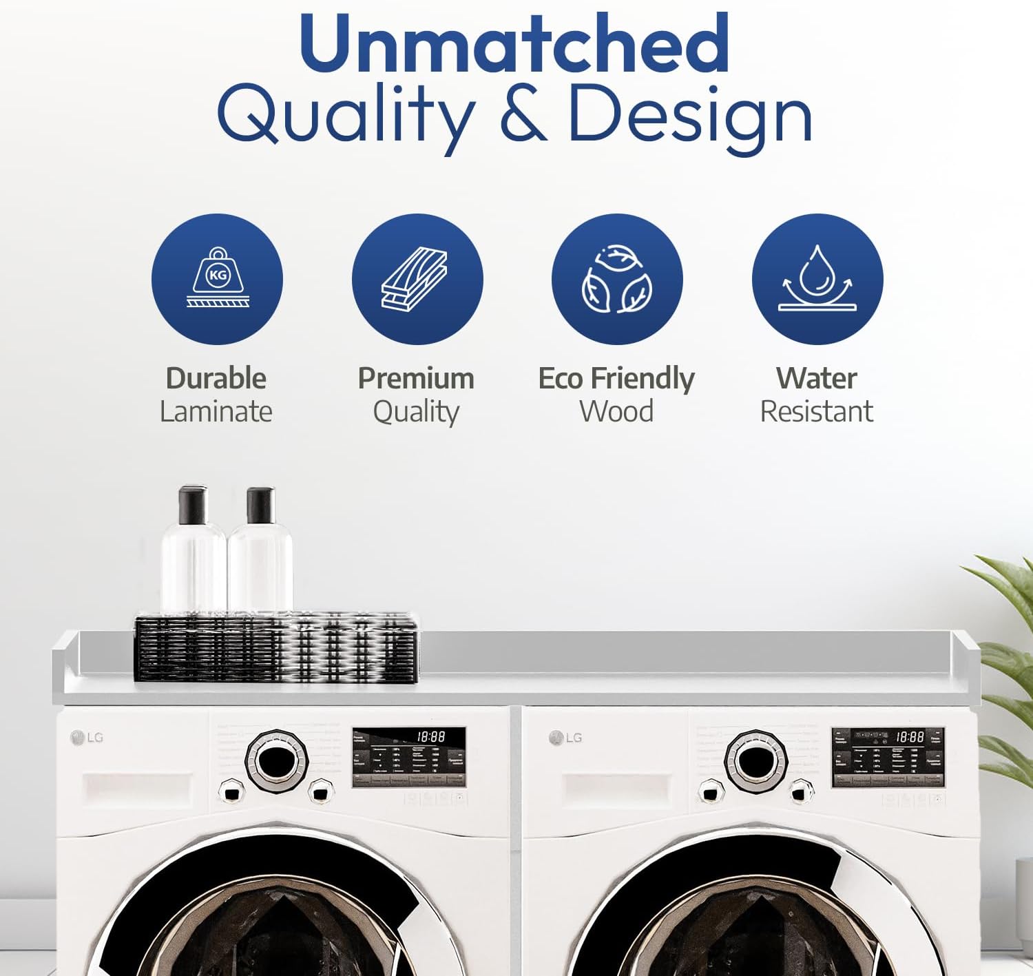 OfficeSimpli Washer Dryer Countertop, Made in USA, Non-Slip Pads, Easy Clean, Laundry Room Essentials and Decor, Washer Dryer Wood Top for Organization (Glacier White, Standard (27.5