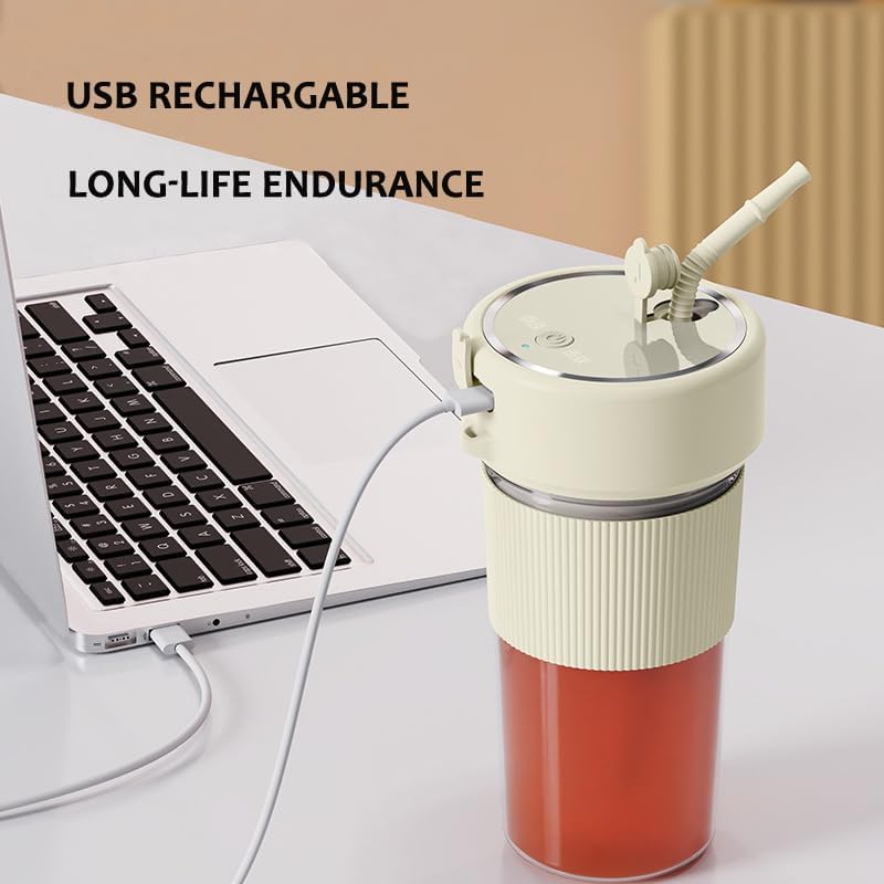 Portable Blender with Straw Mini Juicer Blender Shaker 12 oz USB Rechargable Personal Blender for Shakes and Smoothies Travel Beach Daily Use (Cream), Small