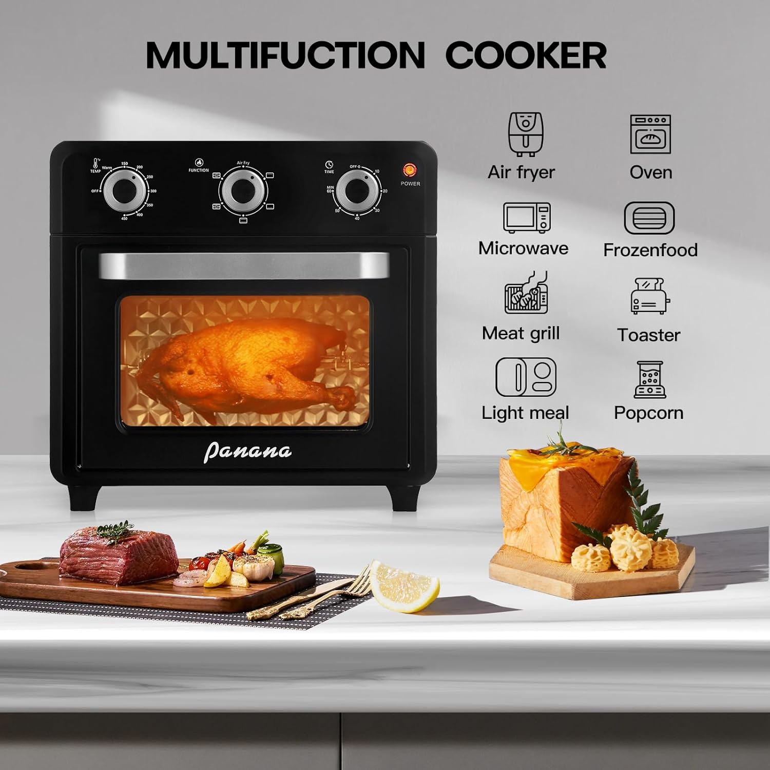 Panana Compact Airfryer Toaster Oven, 1400W 21QT with 6-in-1 Multifunctions and Wide Temperature Range, Air Fryer Oven with 60-Minute Timer/Auto-Off, Stainless Steel Countertop Oven (Black)