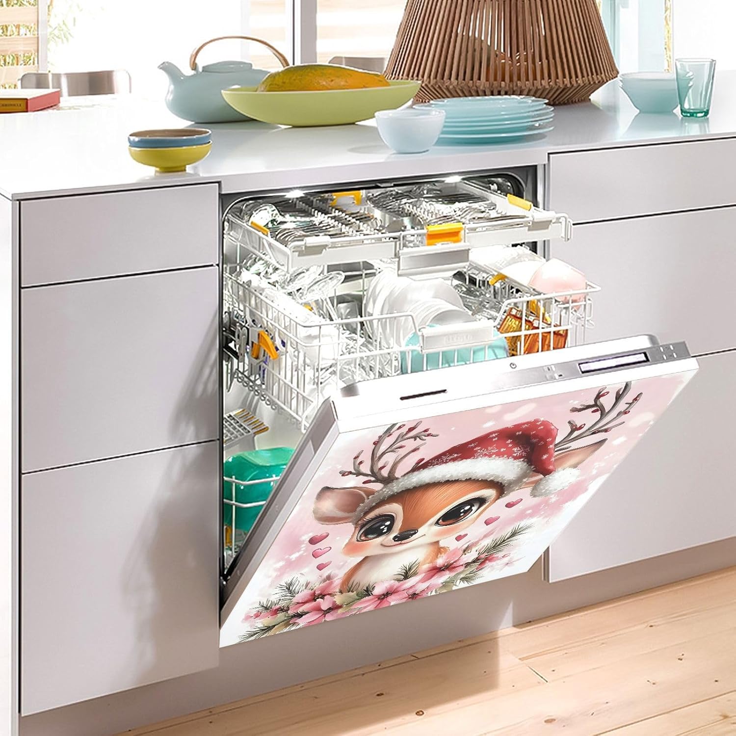 Dishwasher Magnet Cover Large Magnetic Stickers Cute Deer Pink Flower Front Dishwasher Cover Reusable Decal for Home Kitchen Anti-Scratch Refrigerator Decorative Lid Washing Machine Laundry 23