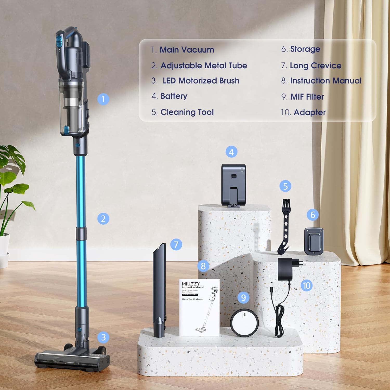 35,000pa Cordless Vacuum Cleaner, Max 50 Minutes, Lightweight Cordless Cleaners for Home, Stick and Handheld Vacuum for Carpets, Hard Floor, Pet Hair, Cars (Blue)