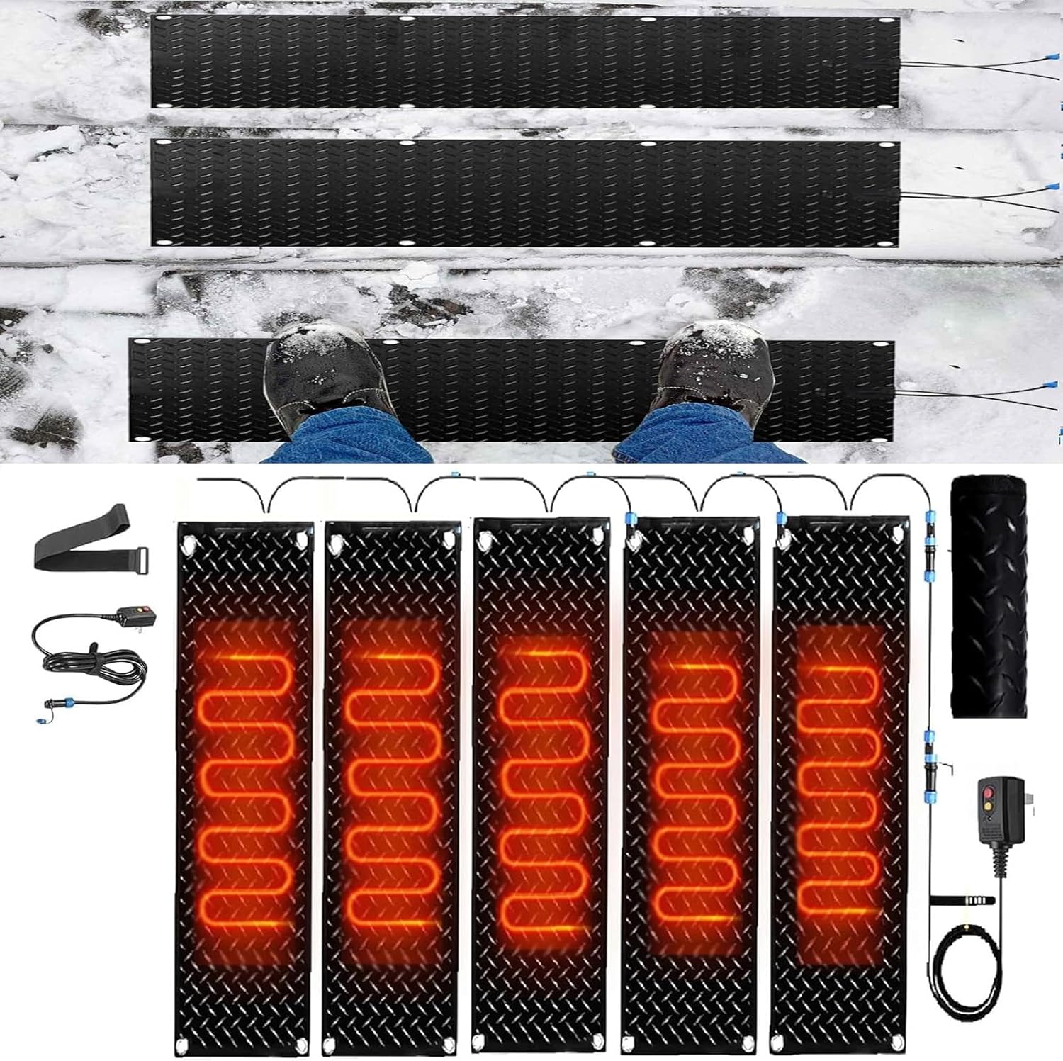 Snow Melting Mats for Outdoor Stairs - Anti-Slip Rubber Mats with Power Cord for Winter Snow and Ice Removal(40x160cmx5Pcs)