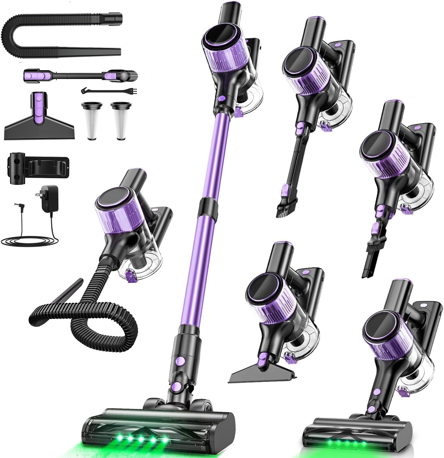 Cordless Vacuum Cleaner, 10 in 1 Stick Vacuum with Powerful Suction, Hose, Green LED Light, Anti-Tangle Brush, Lightweight Rechargeable Vacuum Cleaner for Home, Hardwood Floors, Carpets