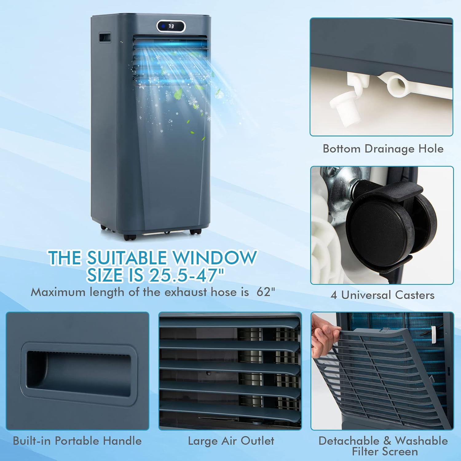 LDAILY Portable Air Conditioner, 10000 BTU for Rooms up to 350 sq.ft, 3-in-1 Evaporative Air Cooler w/Dehumidifying Fan & Remote Control, Sleep Mode, Window Kit, 24H Timer & LED Display, Dark Blue