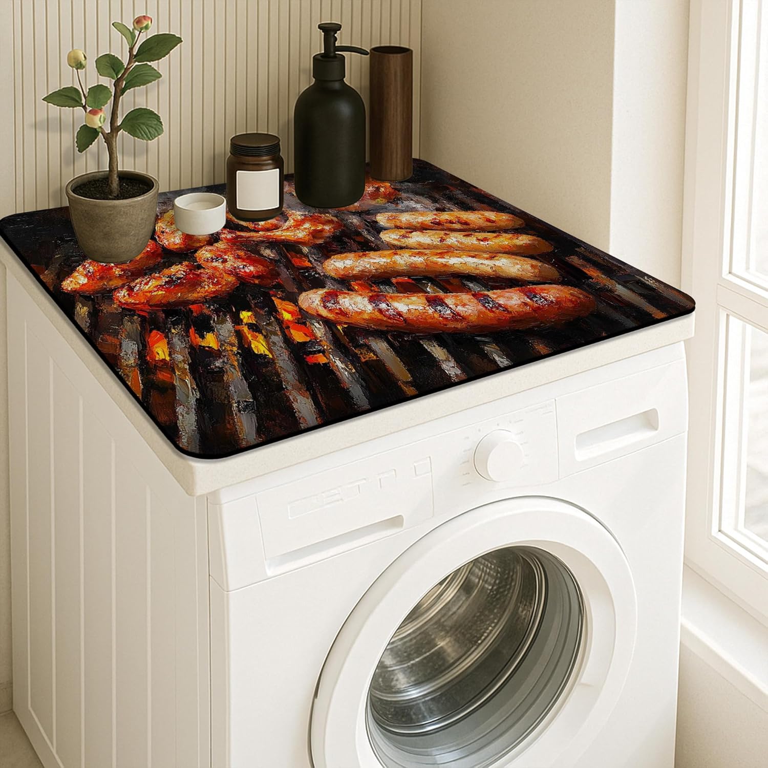 Barbecue Washer Dryer Top Protector Mat, Rustic Grill Pattern Laundry Machine Dust Cover, Summer Cooking Rubber Anti-slip Waterproof Washer And Dryer Mats for Laundry Room 24x24 Inch