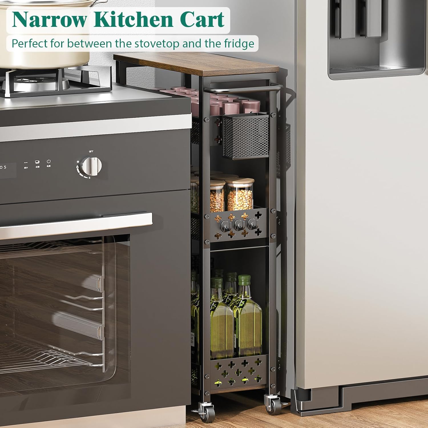 Slim Storage Cart 4 Tier Laundry Cart with Wheels, Narrow Metal Kitchen Rolling Carts Bathroom Organizers Storage Shelf with Wood Rack and Handle for Small Space