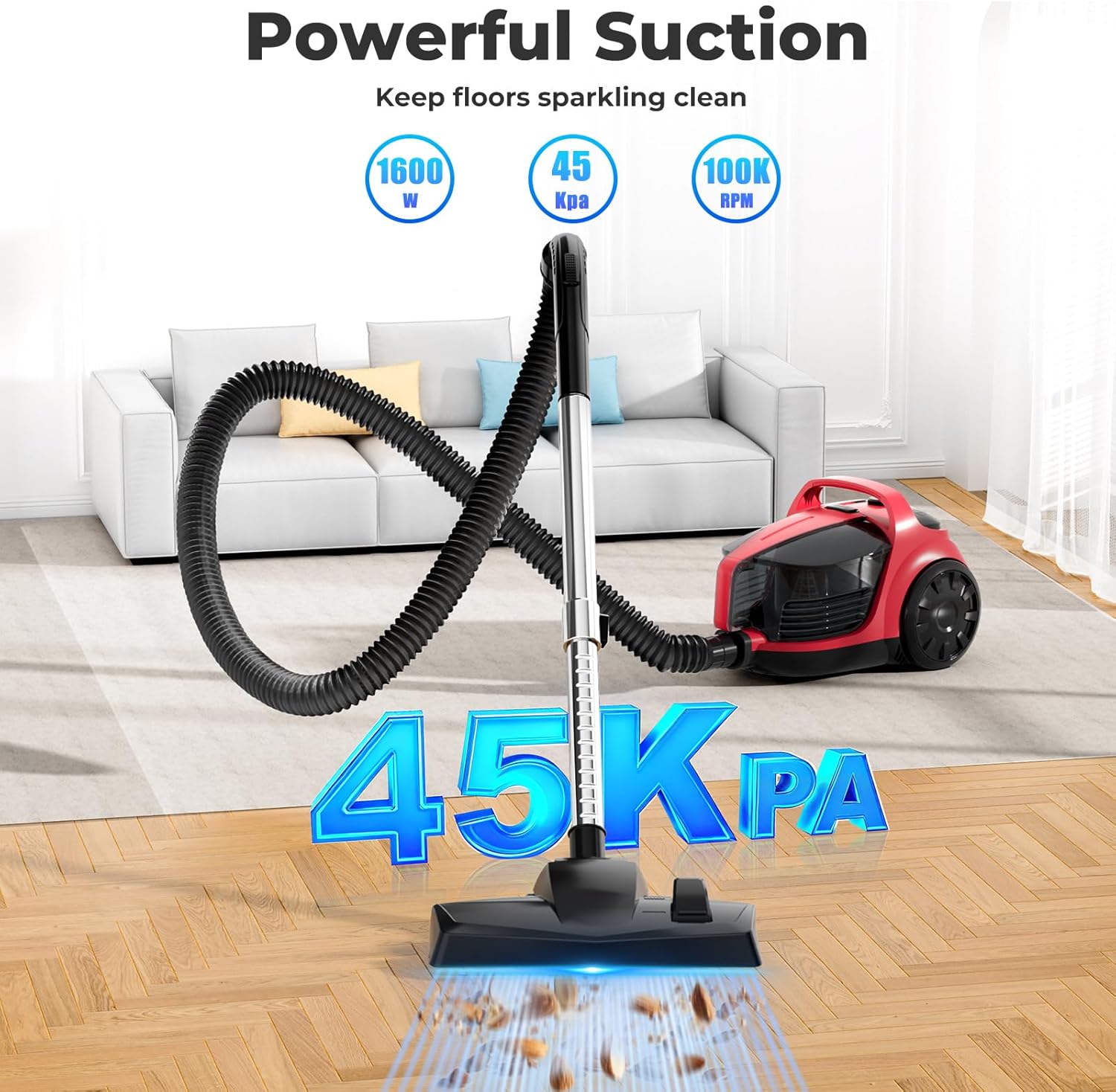 1600W Canister Vacuum Cleaner, Bagless Vacuum Cleaner with 45kPa Strong Suction, 4L Large Dust Cup, Variable Speed Control, 5 Tools, Lightweight Canister Vacuum for Home, Pet, Carpet, Hard Floor