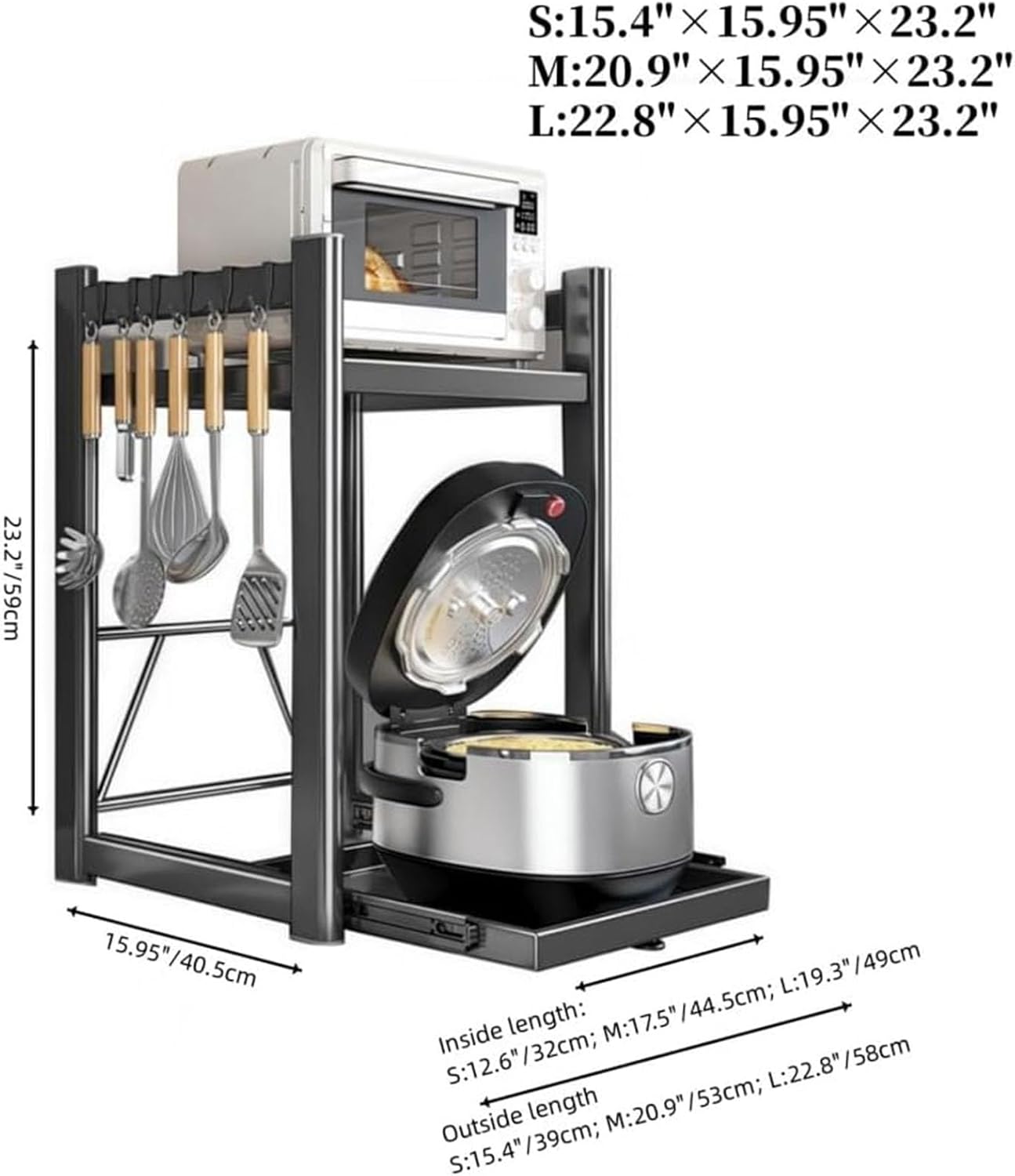 Microwave Stand 2-Tier Adjustable Kitchen Counter Oven Shelf With Pull-Out Tray, Metal Countertop Storage Rack With 6 Hooks Rice Cooker Stand Organizer(Gray,L:22.8
