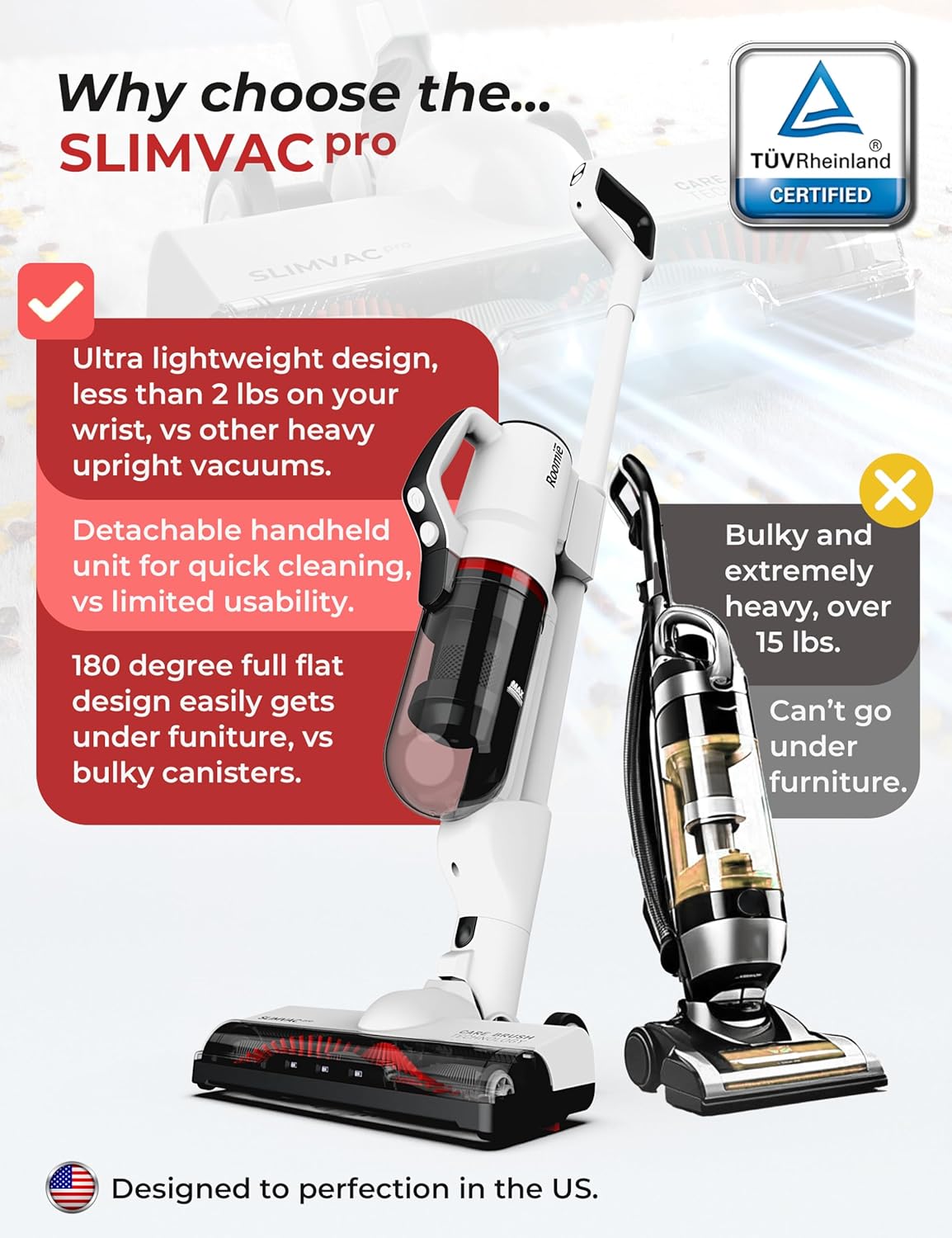 Roomie Tec SlimVac Pro Cordless Vacuum Cleaner for Home - 2200mAh Battery, High Suction Power, Lightweight, Detachable Handheld with HEPA Filter – Multi-Surface Cleaning for Carpets, Hard Floors, Cars