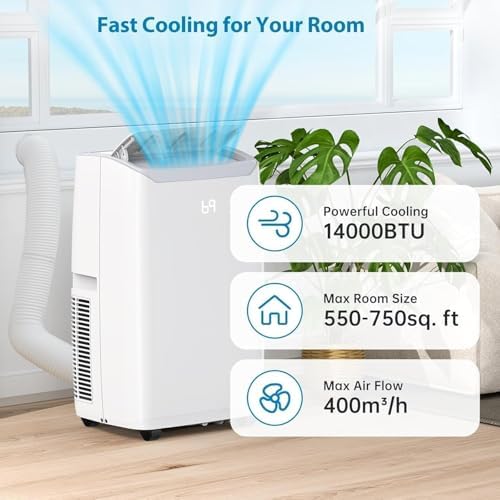 Portable Air Conditioner - 14,000 BTU, 3-In-1 Functionality (Cool, Fan, Dehumidifier), Cools Up to 750 Sq.Ft, Compact Design With Wheels, Remote Control, Includes Window Kit, White