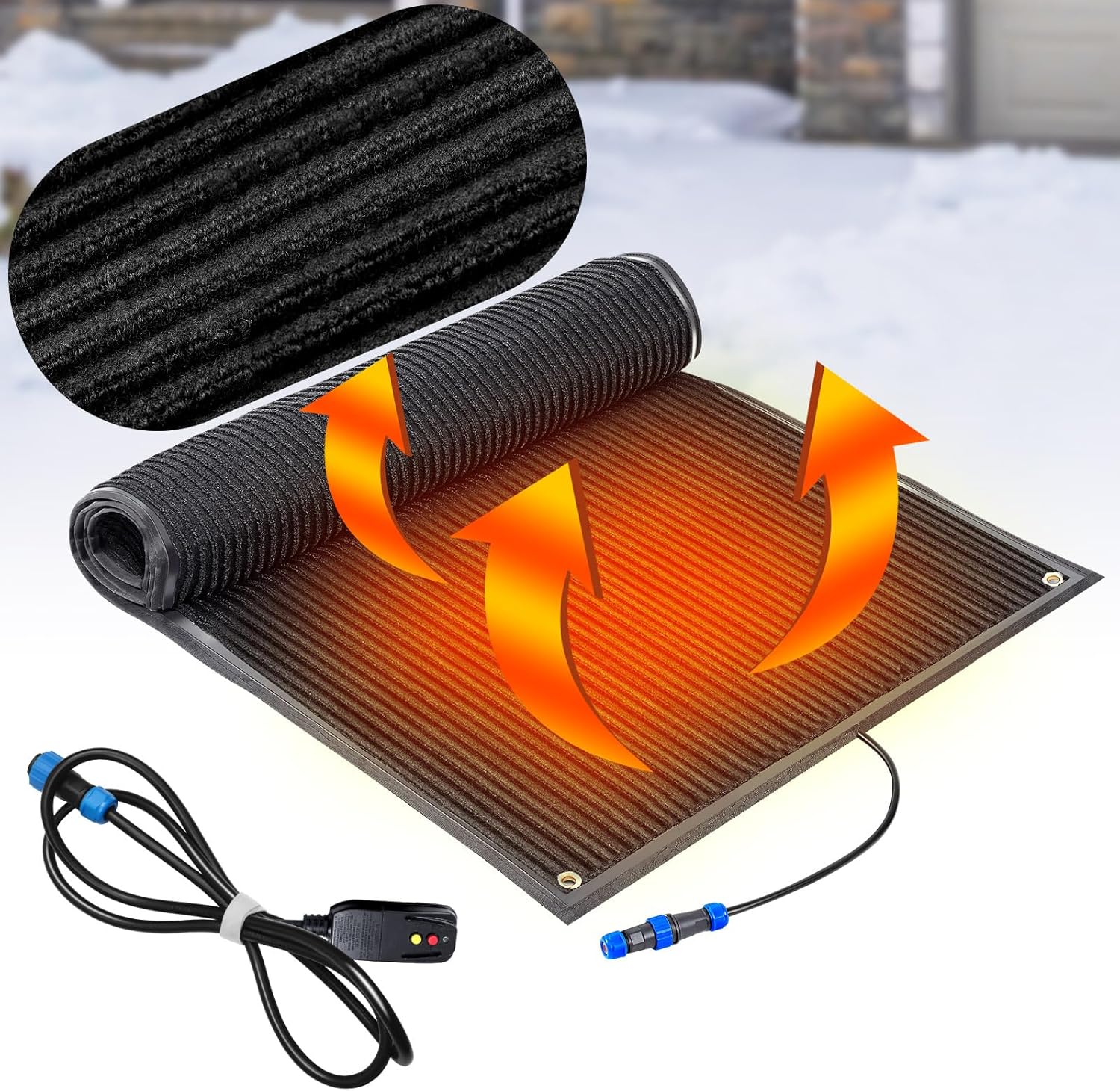 Baquler 1 Pcs 20 x 30 inch Heated Snow Melting Mat Non-Slip Heated Outdoor Mat Electric Snow Melting Melts up to 3 Inch/H with 9.84 ft Power Cord for Winter Ice Removal Walkway Stairs Sidewalk, Black