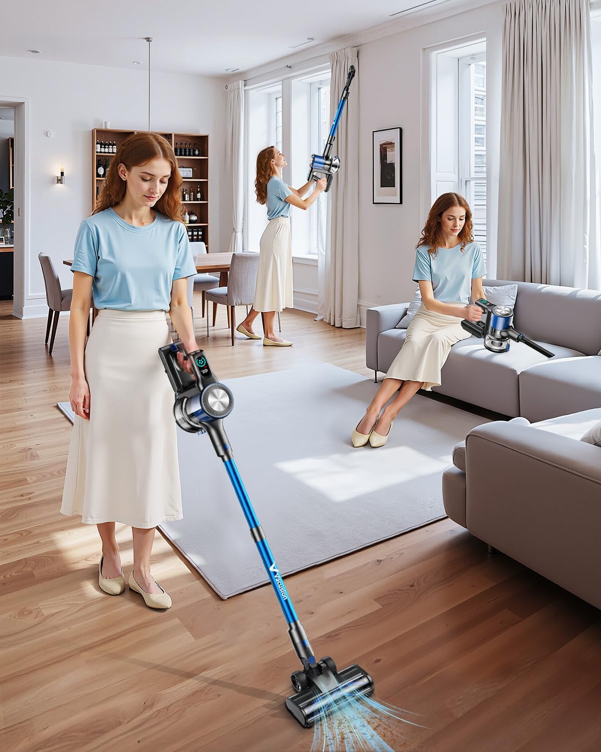 Cordless Vacuum Cleaner, 8-in-1 Cordless Stick Vacuum Cleaner with 3 Suction Modes, Up to 45mins Runtime, Rechargeable, Self-Standing, Wireless Vacuum Cleaners for Home Pet Hair Carpet Car Hard Floor