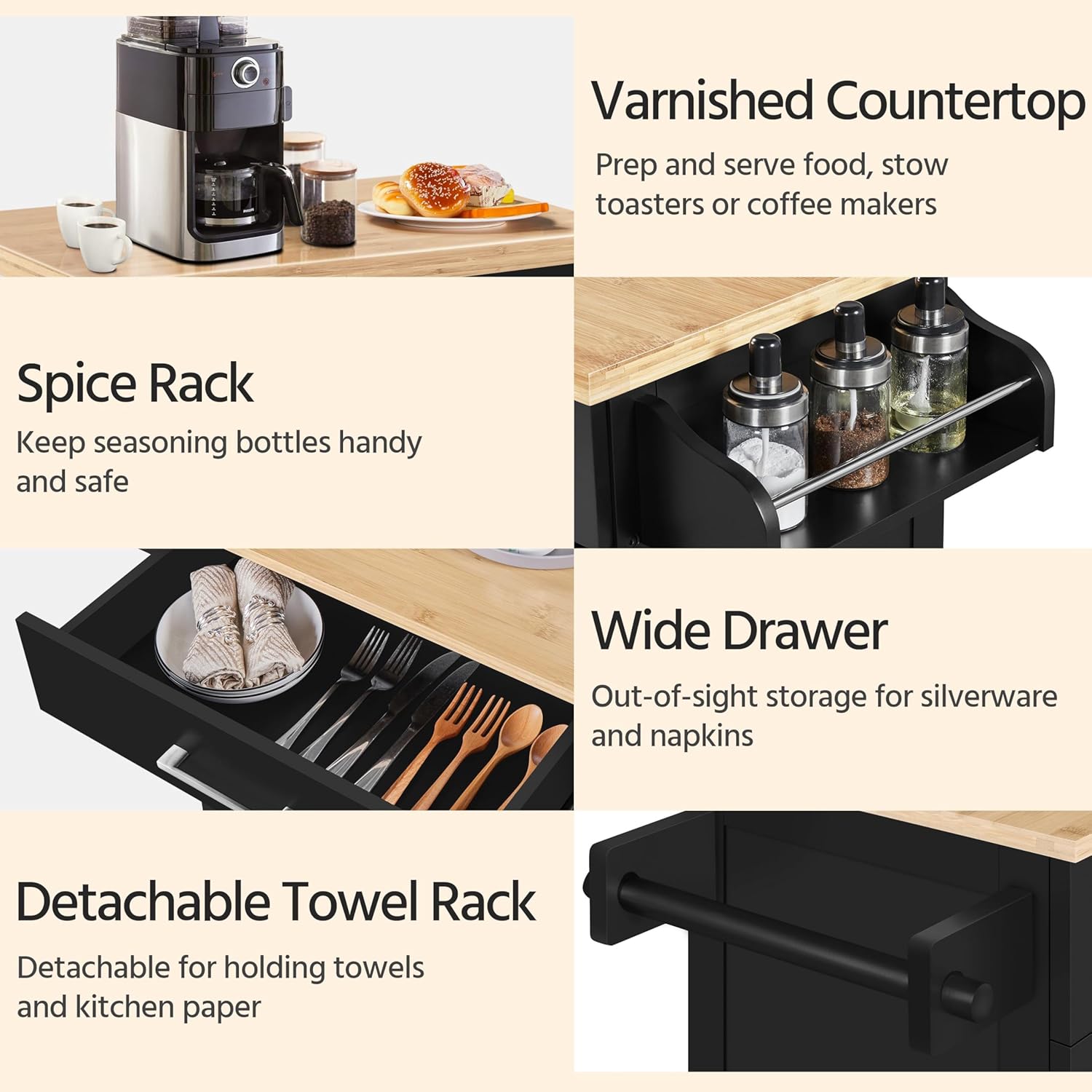 Yaheetech Kitchen Cart with Drawer, Kitchen Island on Wheels with Storage Rack & Cabinets, Microwave Cart for Kitchen with Storage, Rolling Coffee Cart Station, Black