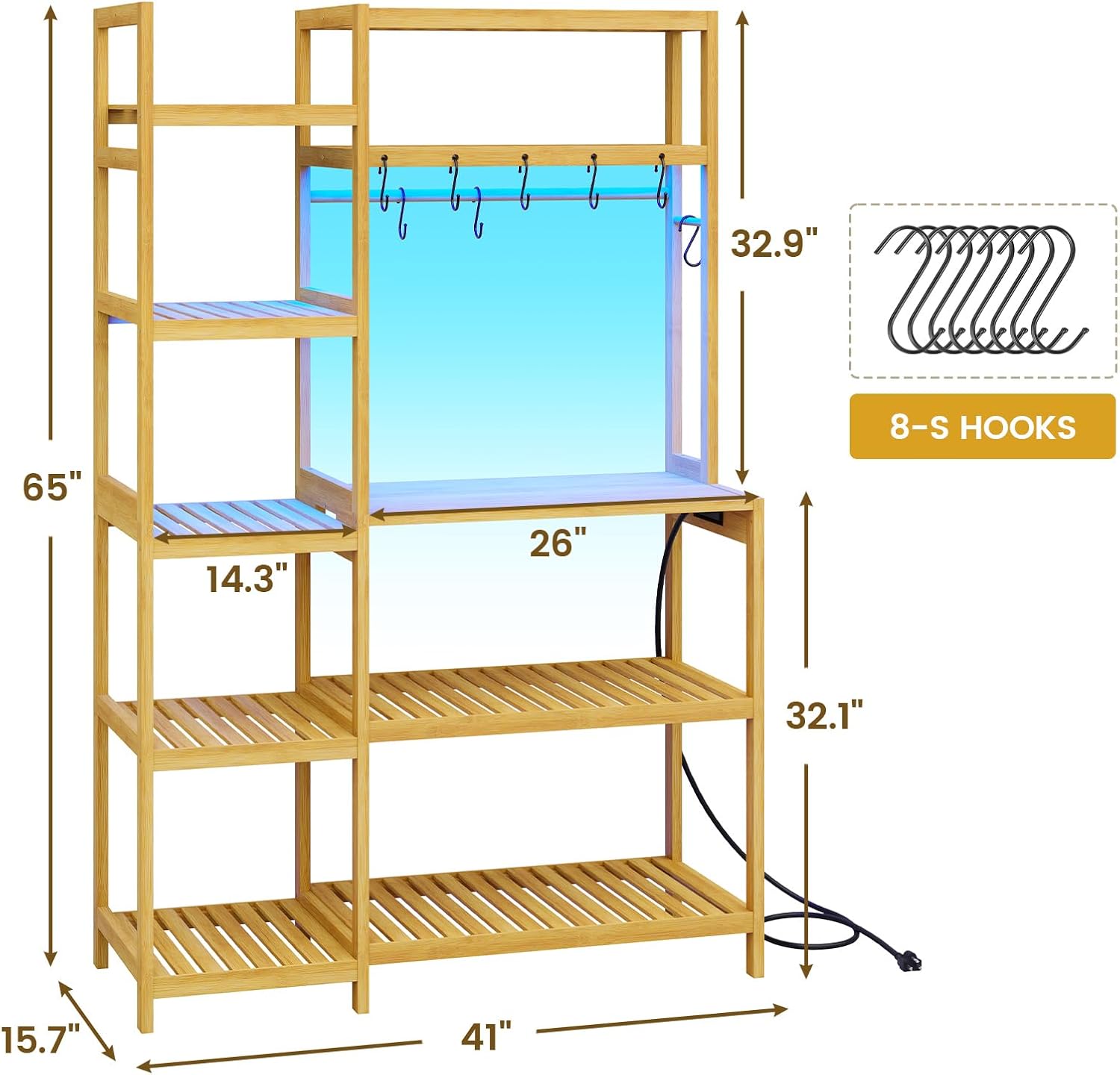 Bakers Rack with Power Outlet, Coffee Bar, 10-Tier Kitchen Shelves with 8 Hooks, Microwave Stand Kitchen Rack Freestanding Utility Storage Shelf, 15.7 x 41 x 65 Inches, Bamboo